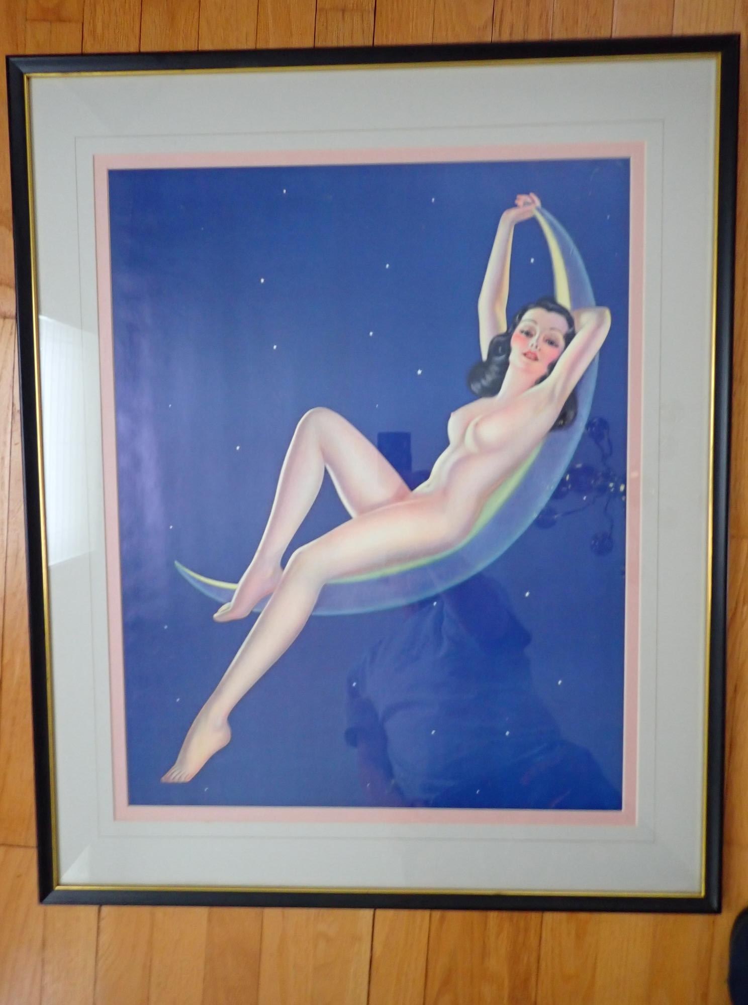 Billy DeVorss Nude on Moon Pinup: Art print pinup. Image 25" x 19 1/2" (excluding matte). Frame 33" x 27."