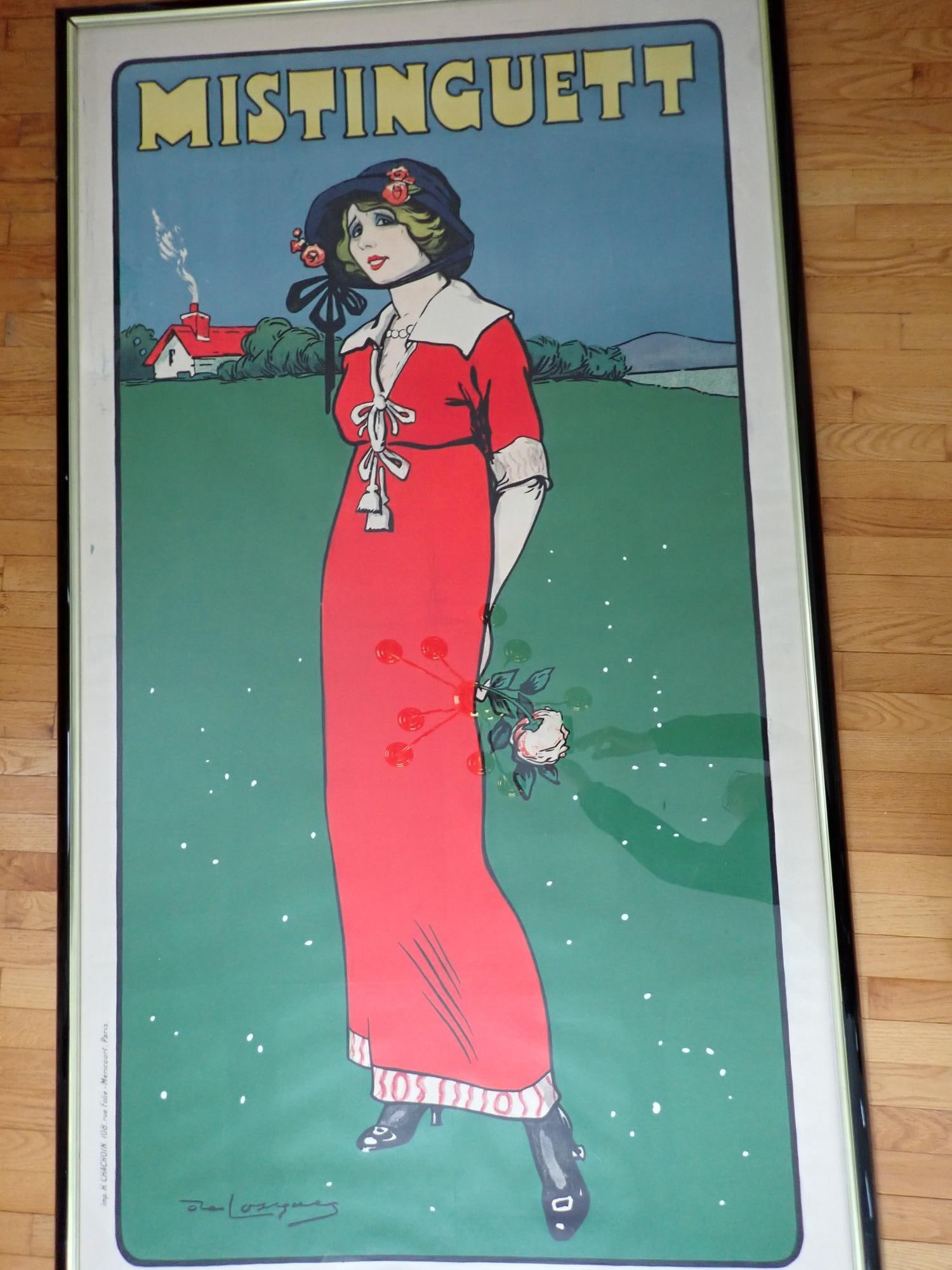 Mistinguette Large Colored Lithograph Poster: Poster 76" x 42." 79" x 45 1/2" frame. Daniel Thouroude de Losques (French, 1880-1925). Printer H. Chachoin, Paris. In wood and plexiglass frame.
