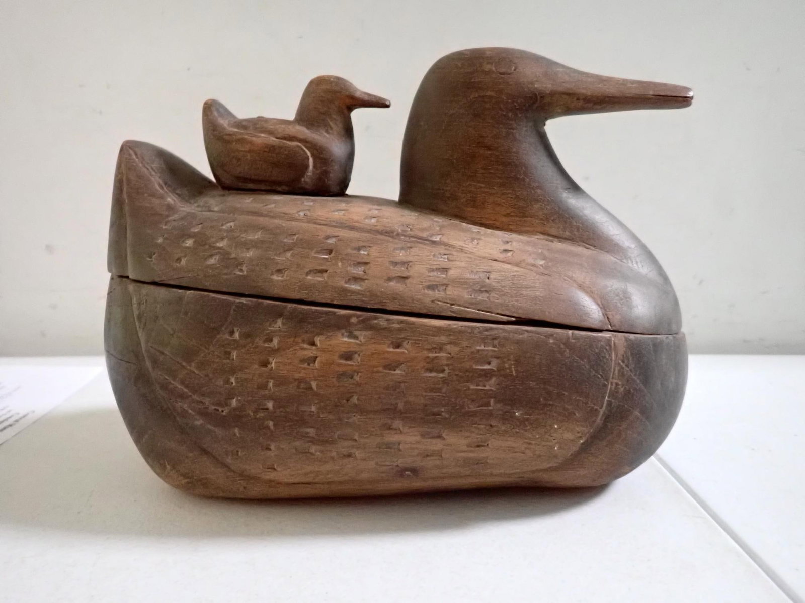 Carved Wooden Loon & Loonlet Folk Art box: Approximately 8 1/2" high x 11" wide.