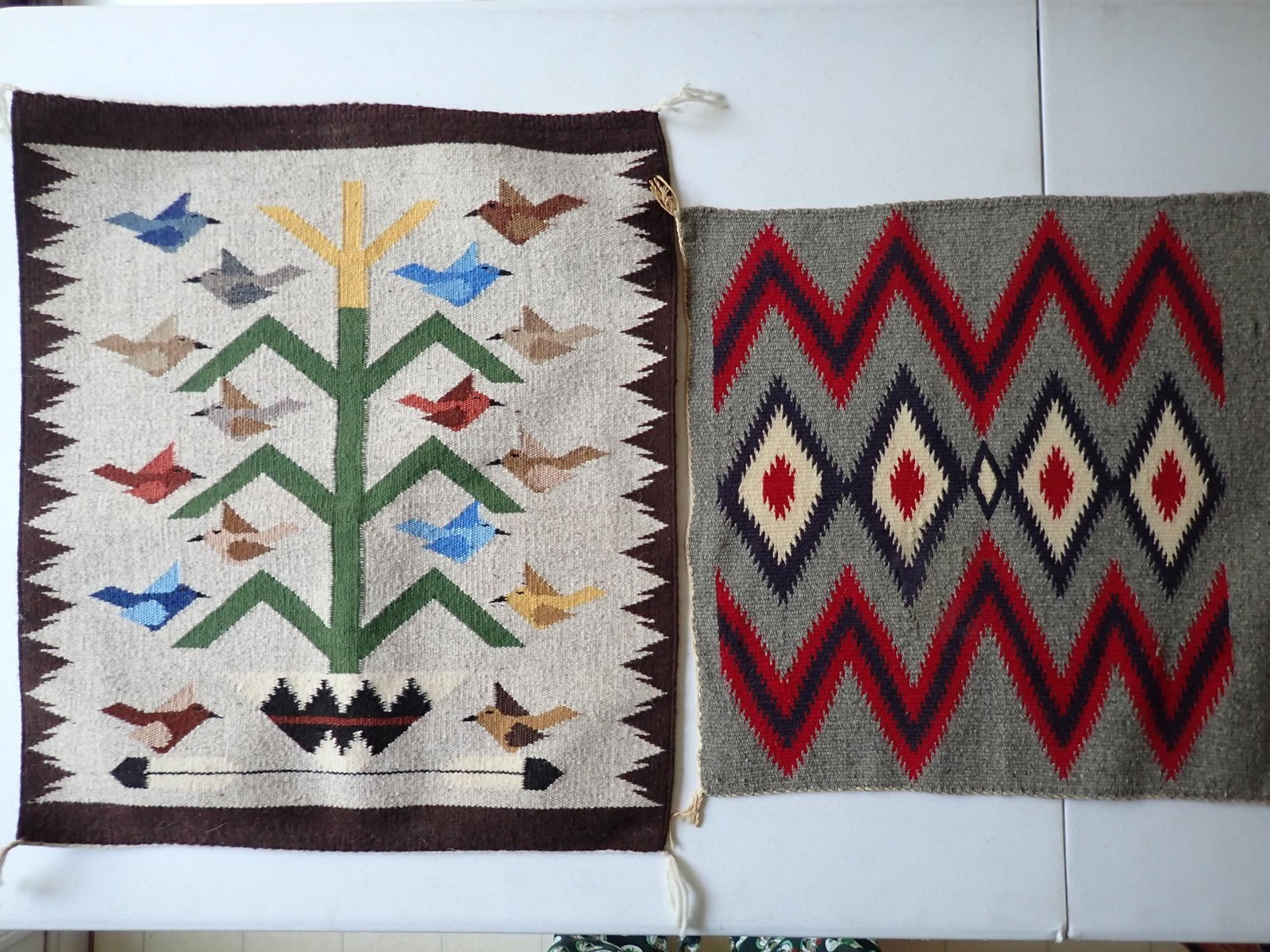 Navajo Tree of Life and other Weaving: Tree of Life 23" x 20." Other 18" x 18." Light wear with some imperfections on smaller piece.