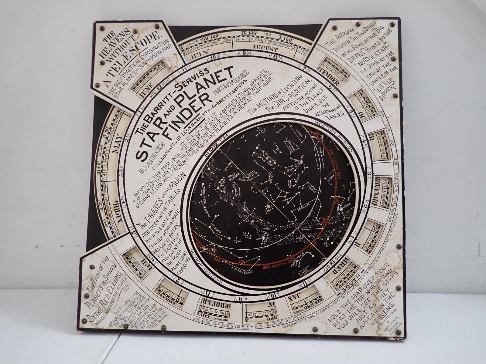 Barritt - Serviss Star and Planet Finder: Copyright 1906 by Leon Barritt. Dial can be rotated to display each month to show which constellations are visible then. Appr. 15" x 15". Has some staining but overall good condition with working