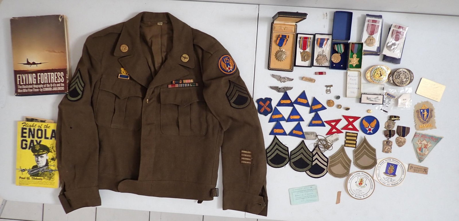 George Gengel World War II B-17 Gunner Jacket, etc.: Memorabilia from George Gengel who served in the Army Air Corp and was stationed in Italy during WWII. He flew 35 missions on the B-17?s as a waist gunner. Medals and patches. Many issued during the