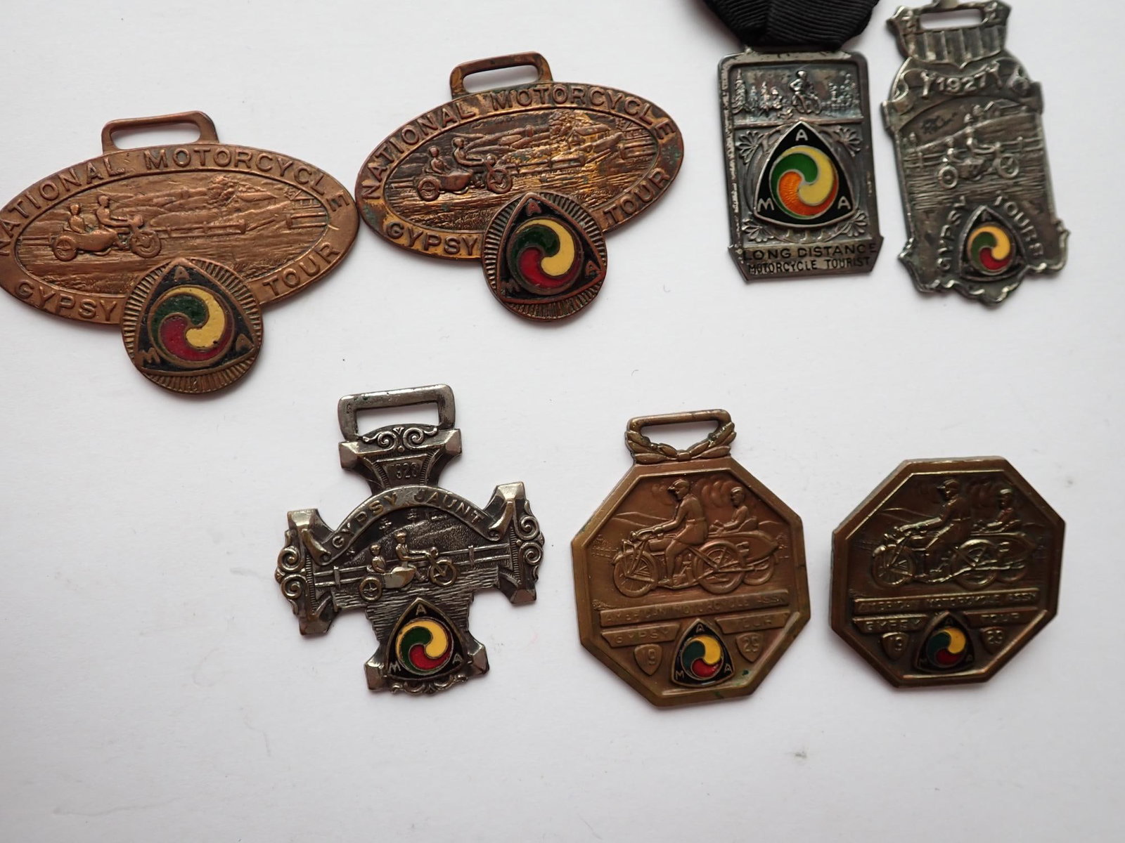 1920s Motorcycle Gypsy Tour Watch Fobs and Pin: 1920s Motorcycle Gypsy Tour Watch Fobs and Pin
