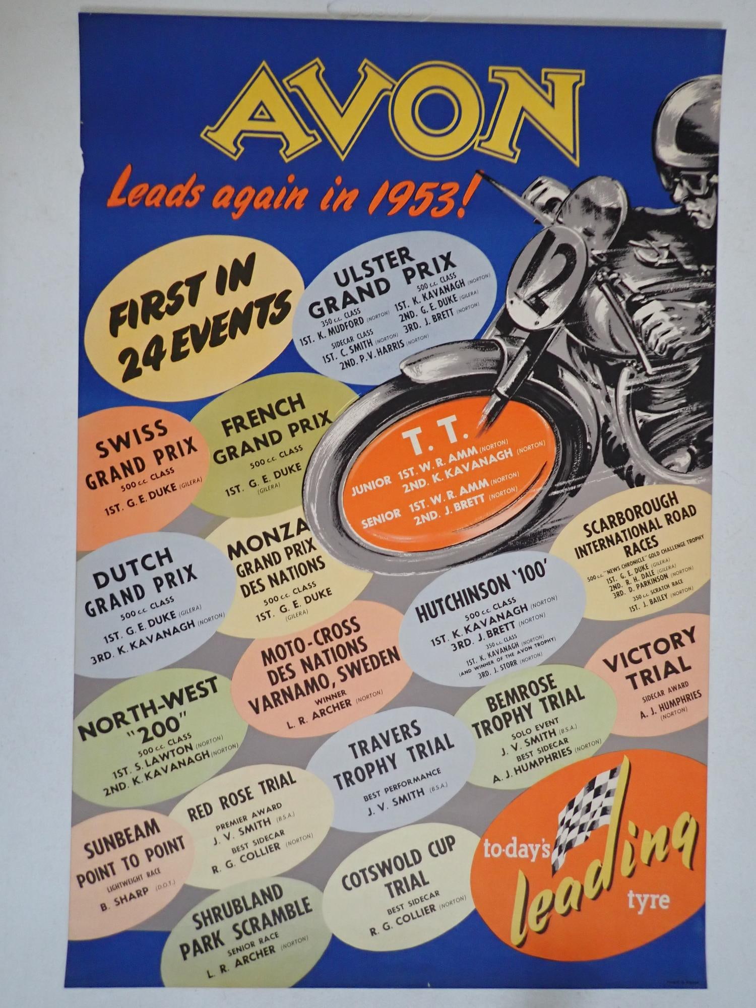 1953/54 Avon Tyre Motorcycle Racing Poster (1 of 8)