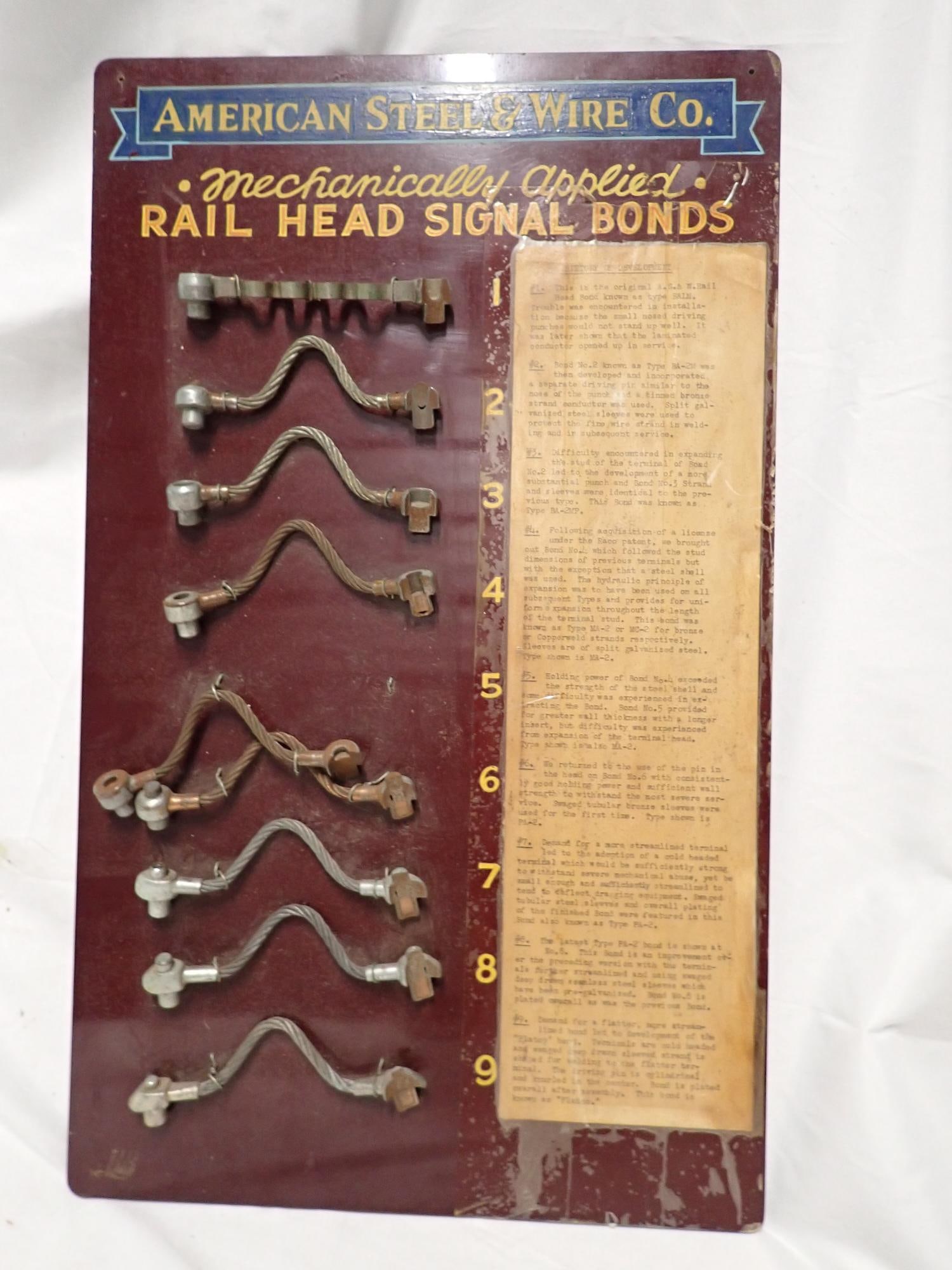 Rail Head Signal Bonds Display: "American Steel & Wire Co. Mechanically applied Rail Head Signal Bonds" Shows 9 examples starting with the original style. On plastic. 20" x 12". A little wear but unique railroad piece.