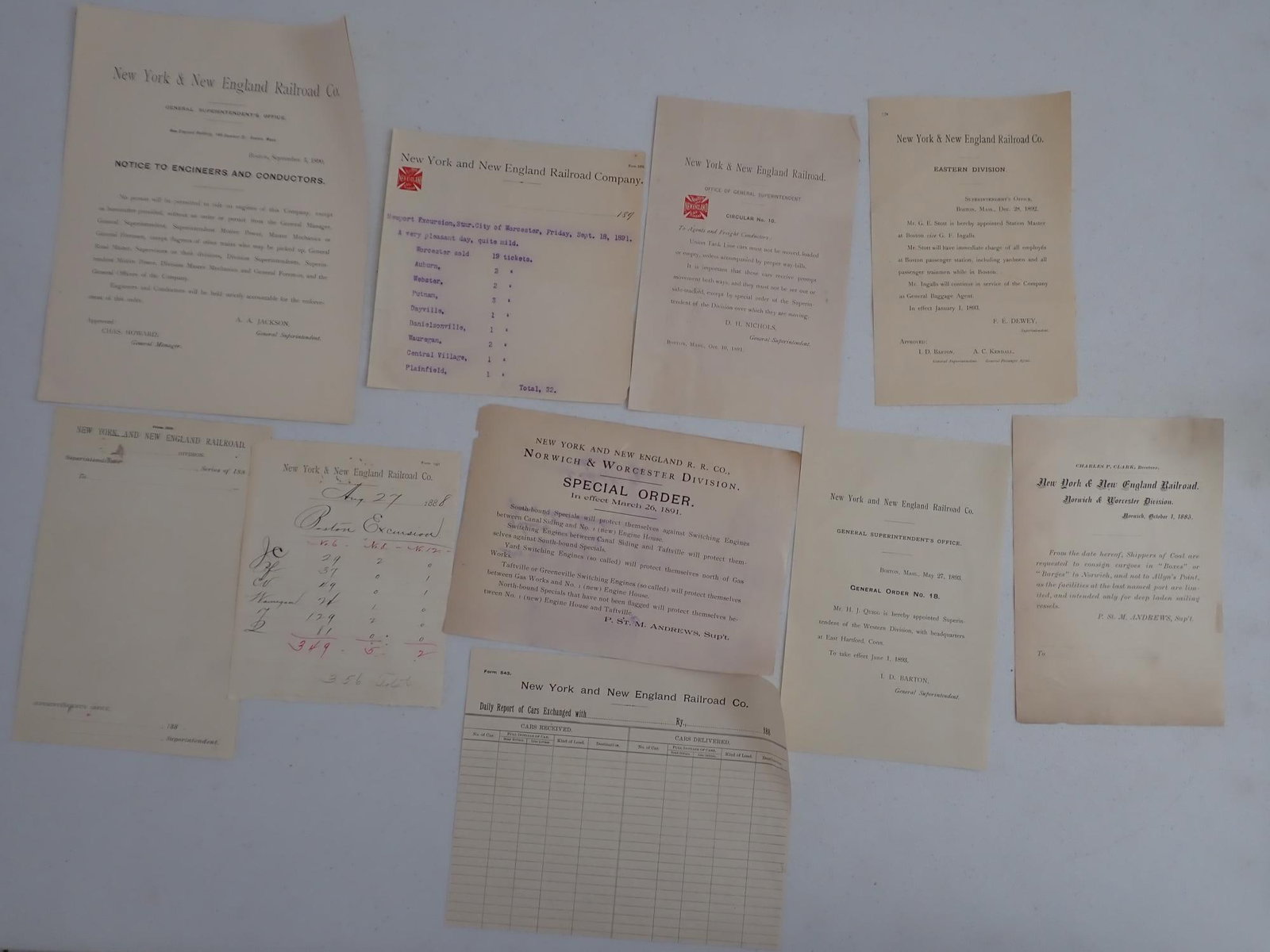 1890s New York & New England Railroad ephemera: 1891 Newport Excursion from Worcester to the Steamship City of Worcester. Stops along the way in Auburn, Webster, Putnam, CT, etc. 1891 Special Order & other ephemera.
