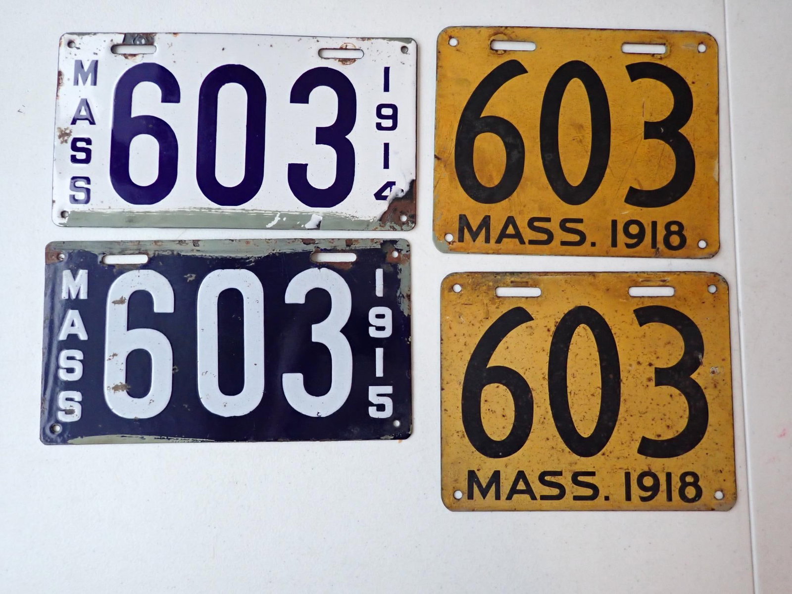 1914, 1915, & 1918 Mass 3 Digit License Plates: 1914 and 1915 Plates have some chipping and paint. 1918 is a pair and has some wear