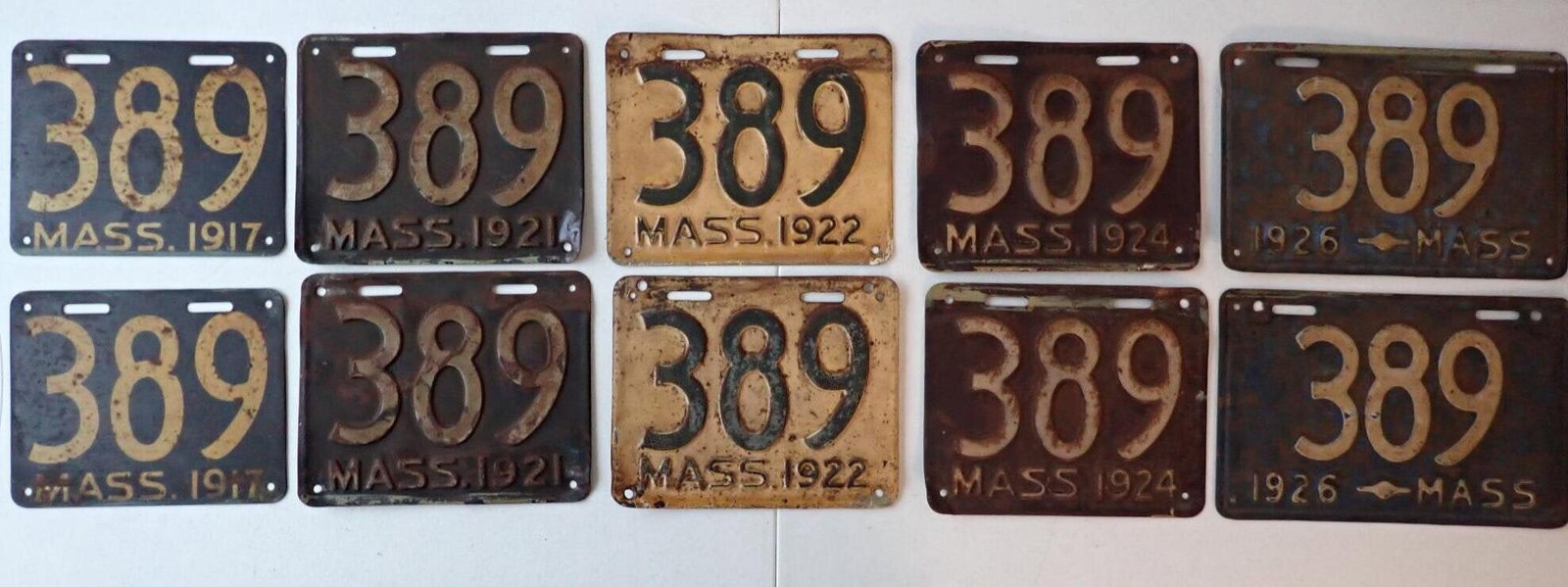 1917-51 3 Digit Massachusetts License Plates: Not a complete run. Have wear from road use. Plate number 389