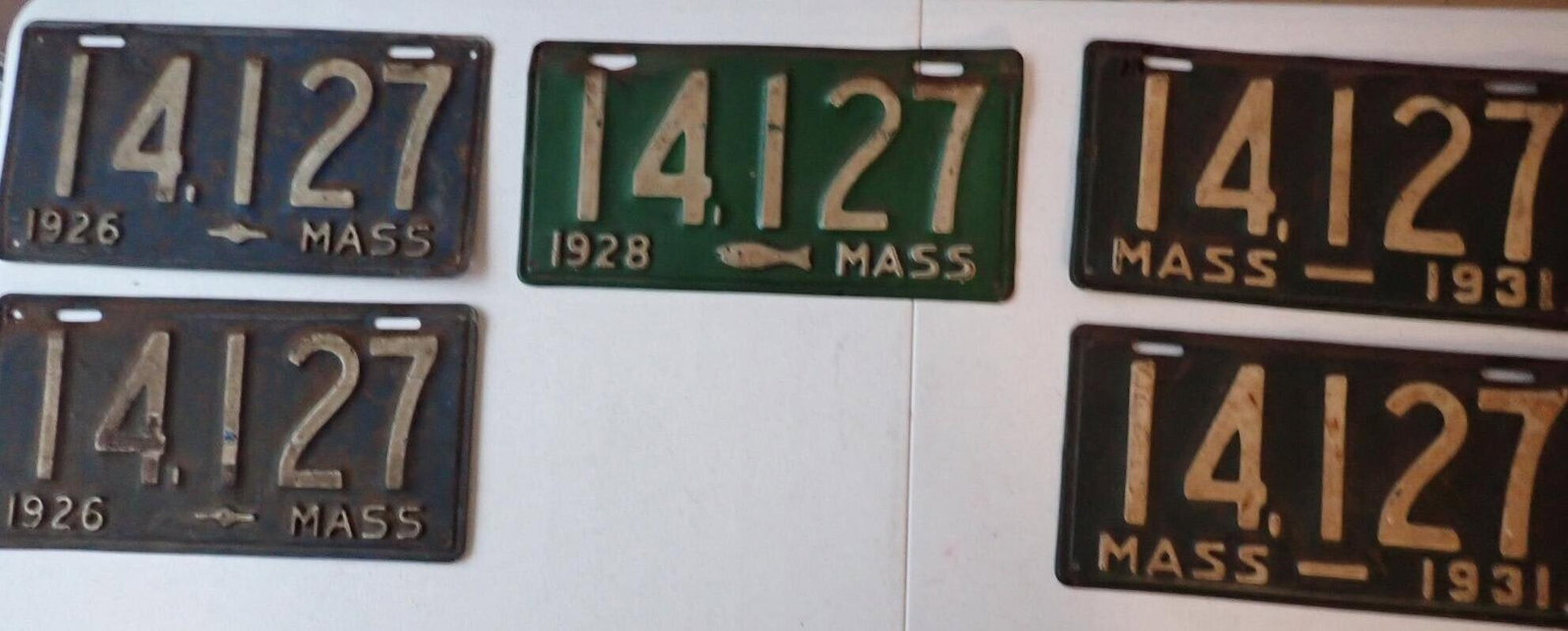 1926 - 1935 Mass License Plates: Not a complete run. Have wear from road use. Plate number 14127