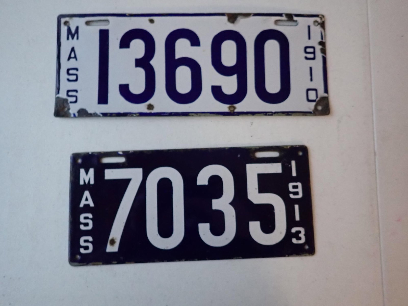 1910 & 1913 Mass Porcelain License Plates: Have some wear. Chipping near screw holes. Most noticeable on 1910 Plate