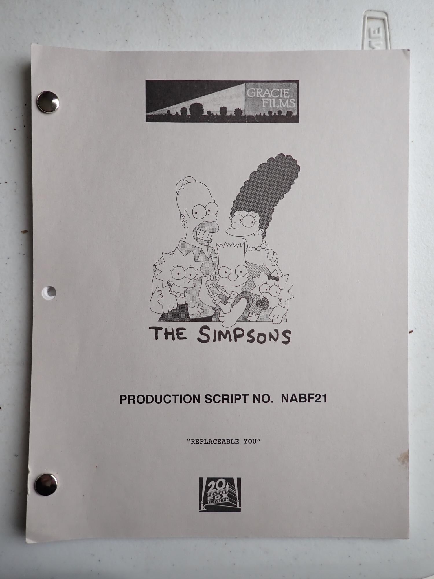 The Simpson's "Replaceable You" Production Script: Original production script from production staff member of the Simpsons.