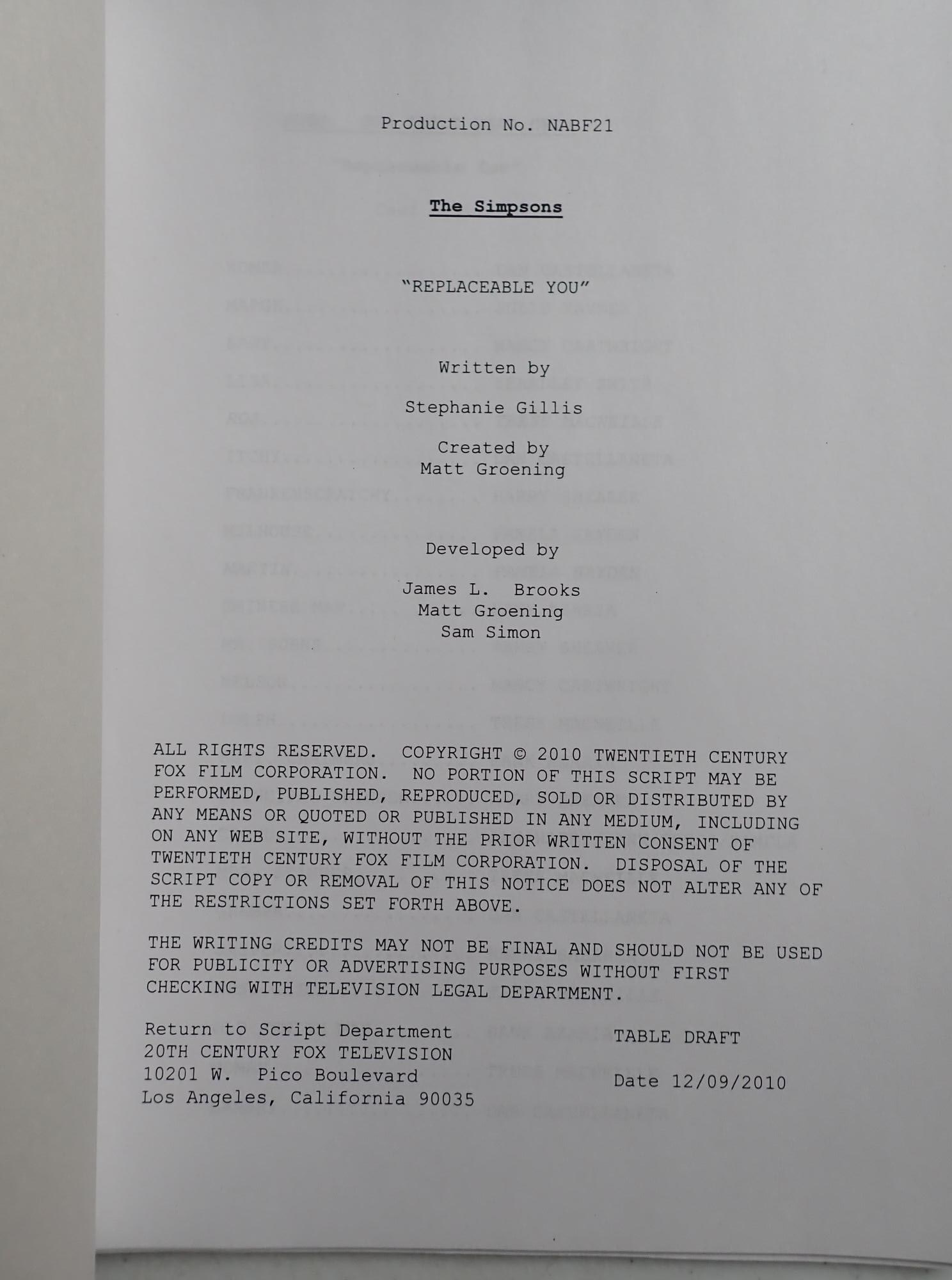 The Simpson's "Replaceable You" Production Script - 4