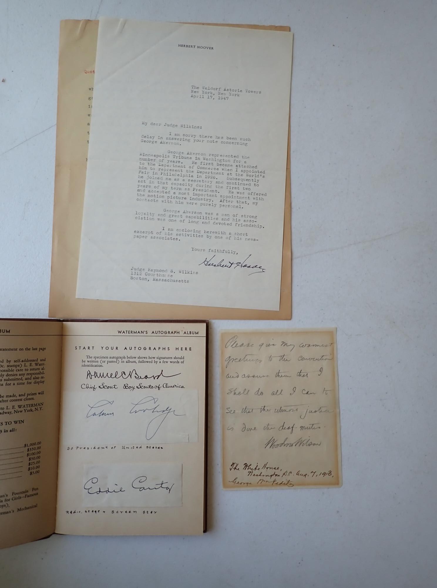 Wilson, Coolidge, and Hoover signed pieces.: Woodrow Wilson, Calvin Coolidge, and Herbert Hoover signed pieces. 1913 Note from Woodrow Wilson in pencil:. "Please give my warmest greeting to the convention and assure them that I shall do all I