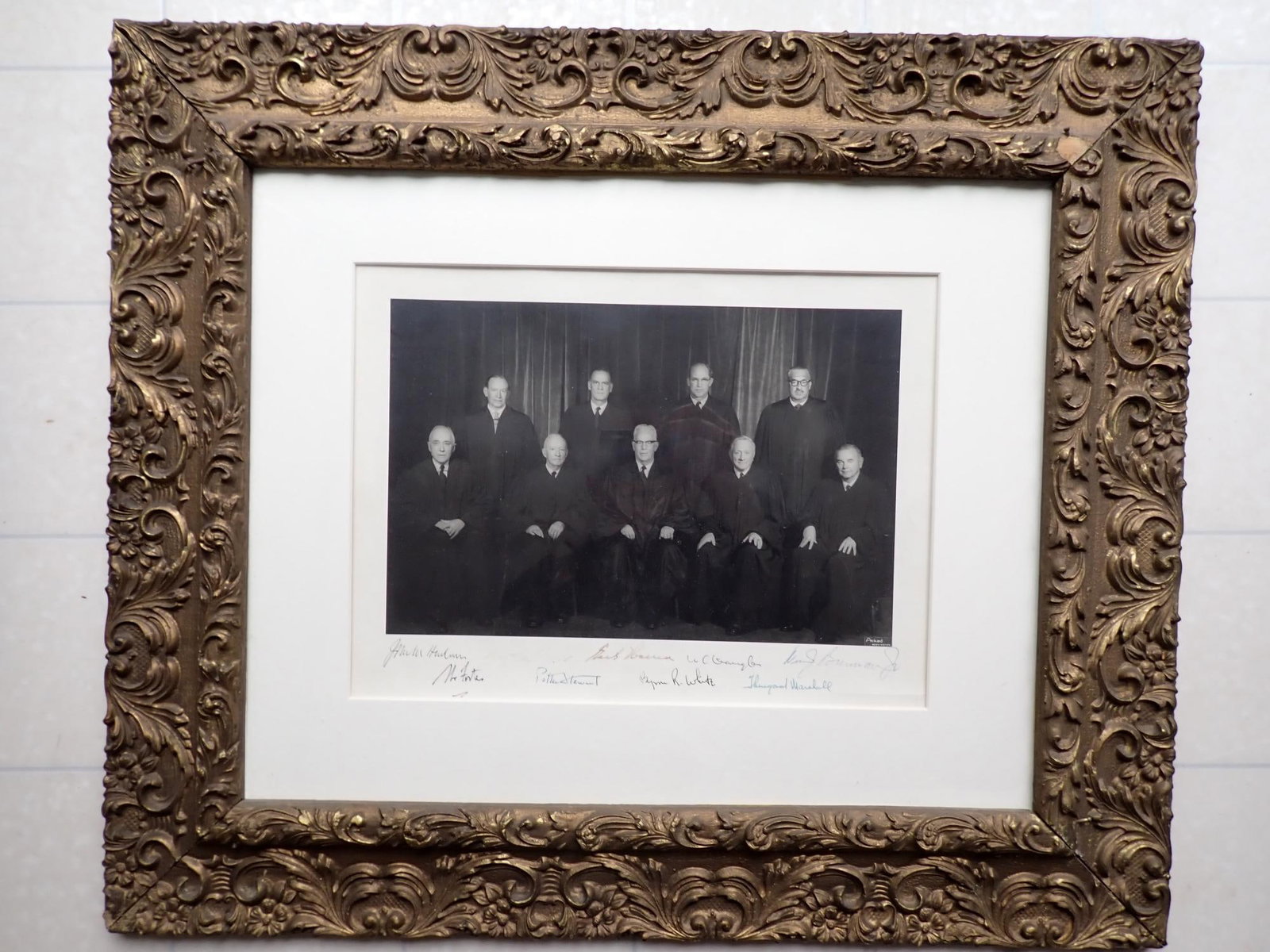 Earl Warren / Thurgood Marshall Supreme Court Pic: Late 1960s signed photo of Supreme Court. Signed John Harlan, Hugo L. Black (weak signature), Earl Warren, Wm. J. Brennan Jr., Abe Fortas, Potter Stewart, Byron R. White, and Thurgood Marshall. Image