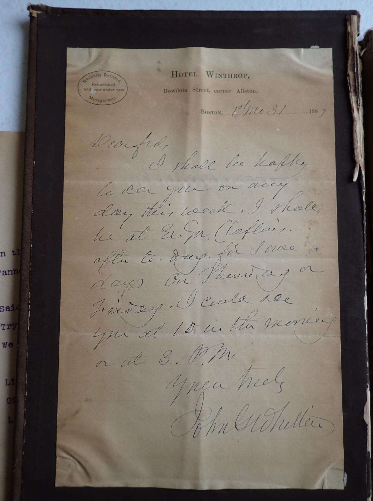 1887 John Greenleaf Whittier signed letter & book: Book signed by Whittier. Book's owner writes of meeting Whittier on Feb 2, 1883 and having book signed, Also, has a letter written and signed by Whittier of a planned meeting in 1887. 1883 "The