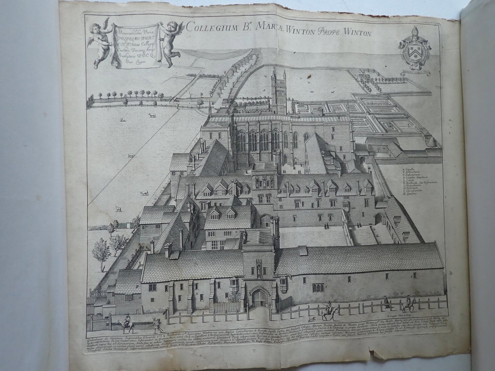 17th Century Engravings Oxford University & others: Oxford University17th Century engraving. 17" x 21." Staining, some tearing and tape repair on reverse. Winchester College 17th Century engraving. 17" x 21." Staining, some tearing and tape repair on