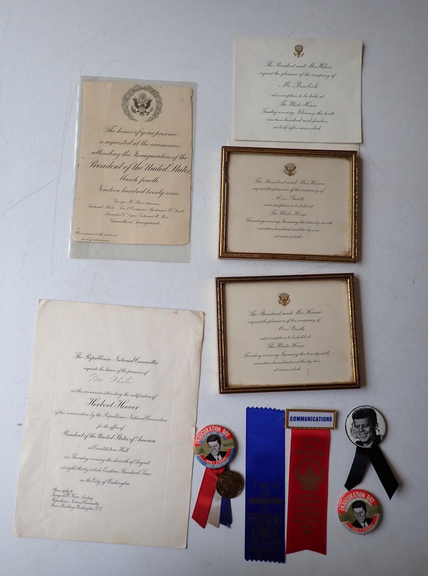 Presidential Inauguration Invitation, etc.: Invitations to events with presidents. Kennedy Inauguration pinbacks and ribbons.