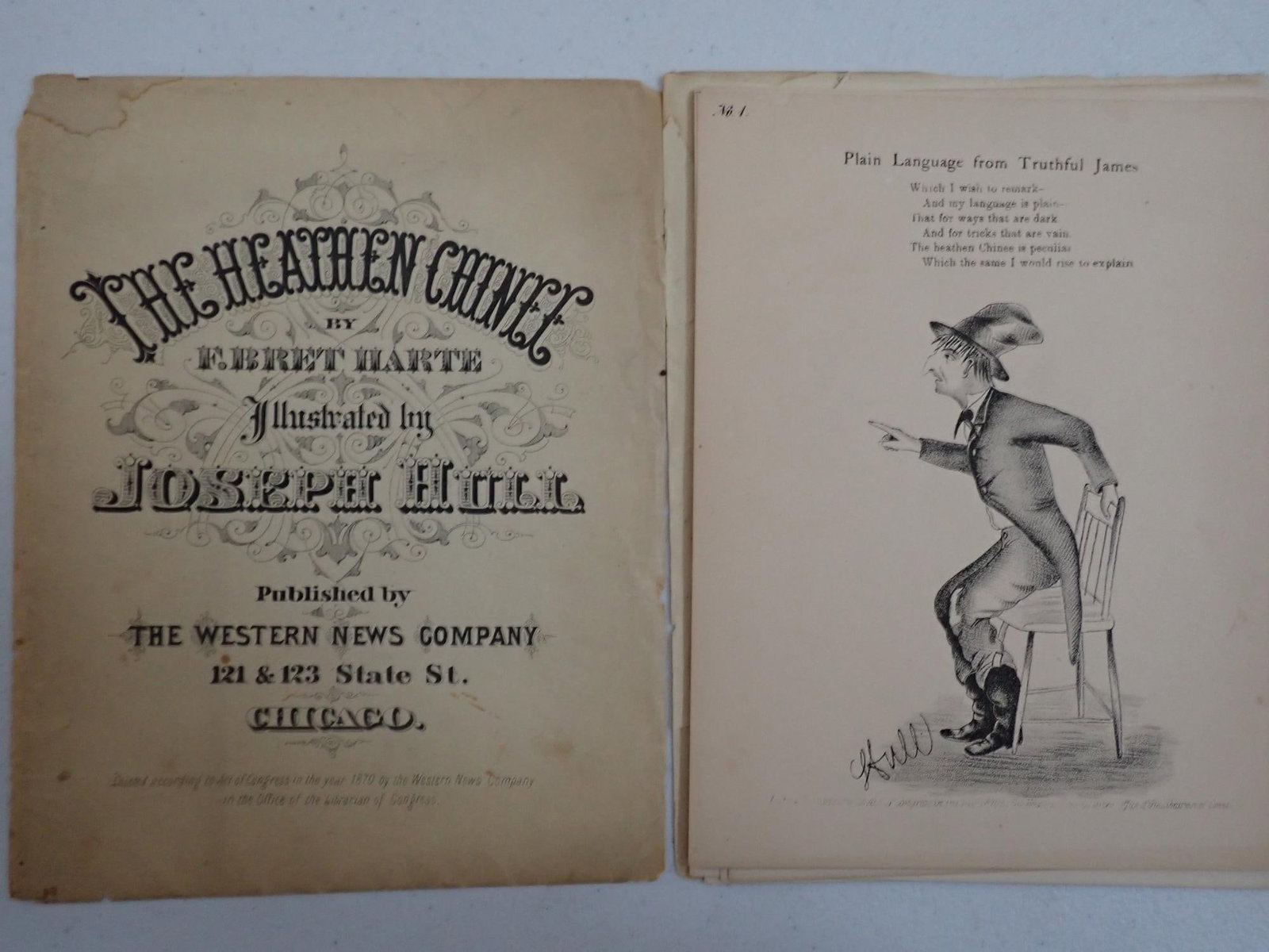 1870 Bret Harte's Heathen Chinee lithographed cards: Published by the Western News Company Chicago. Racist Poem on thin cards depicting Chinese Immigrants. 7 1/2" x 6". Front page and rear piece of envelope have wear. Cards have only light wear.