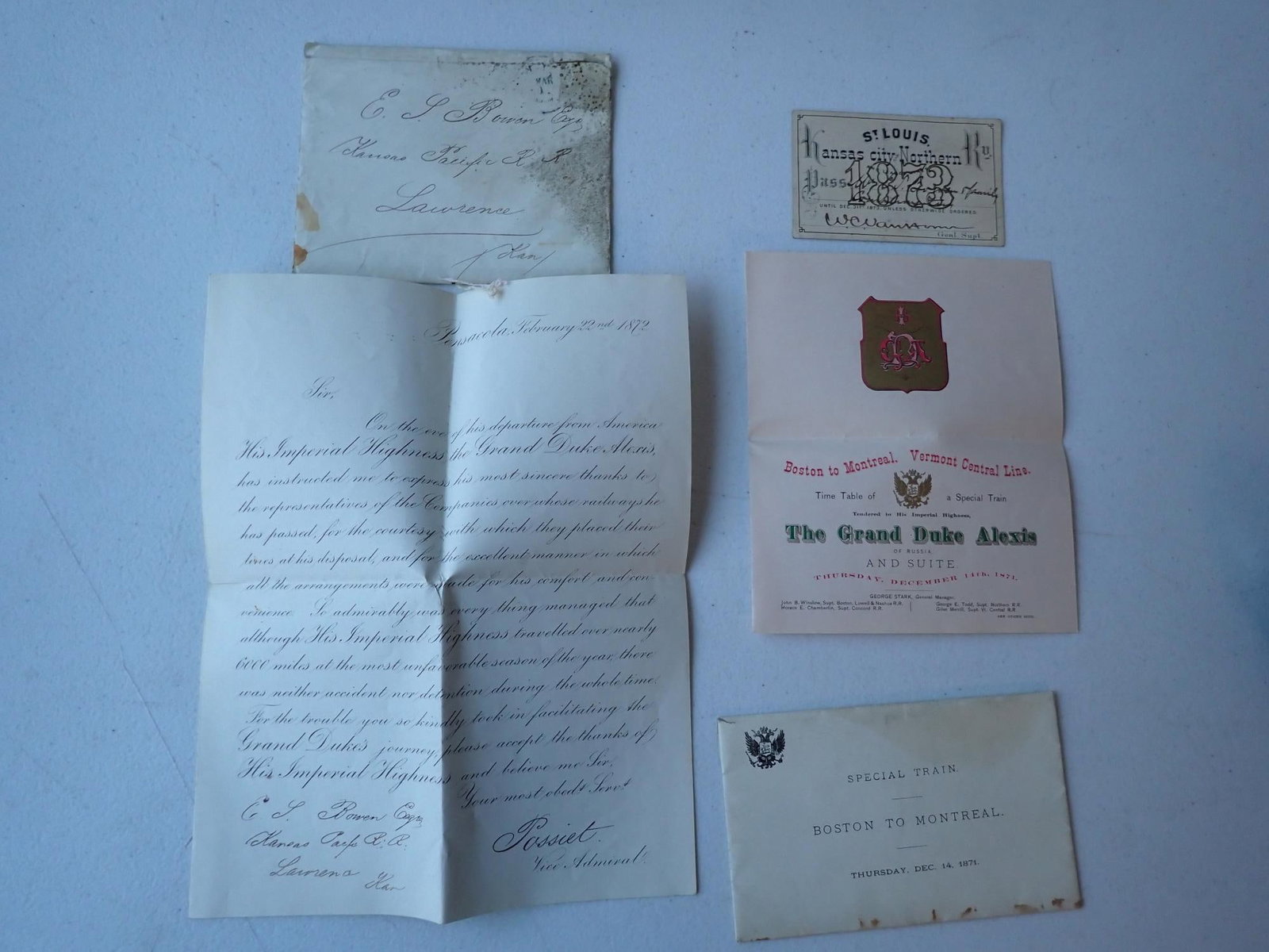 Grand Duke Alexis (Alexei) North American Visit letter: Letter thanking railroad companies from Russian Grand Duke Alexei Alexandrovich during a Goodwill Tour through North America. Time table of his 1871 trip from Boston to Montreal over the Vermont