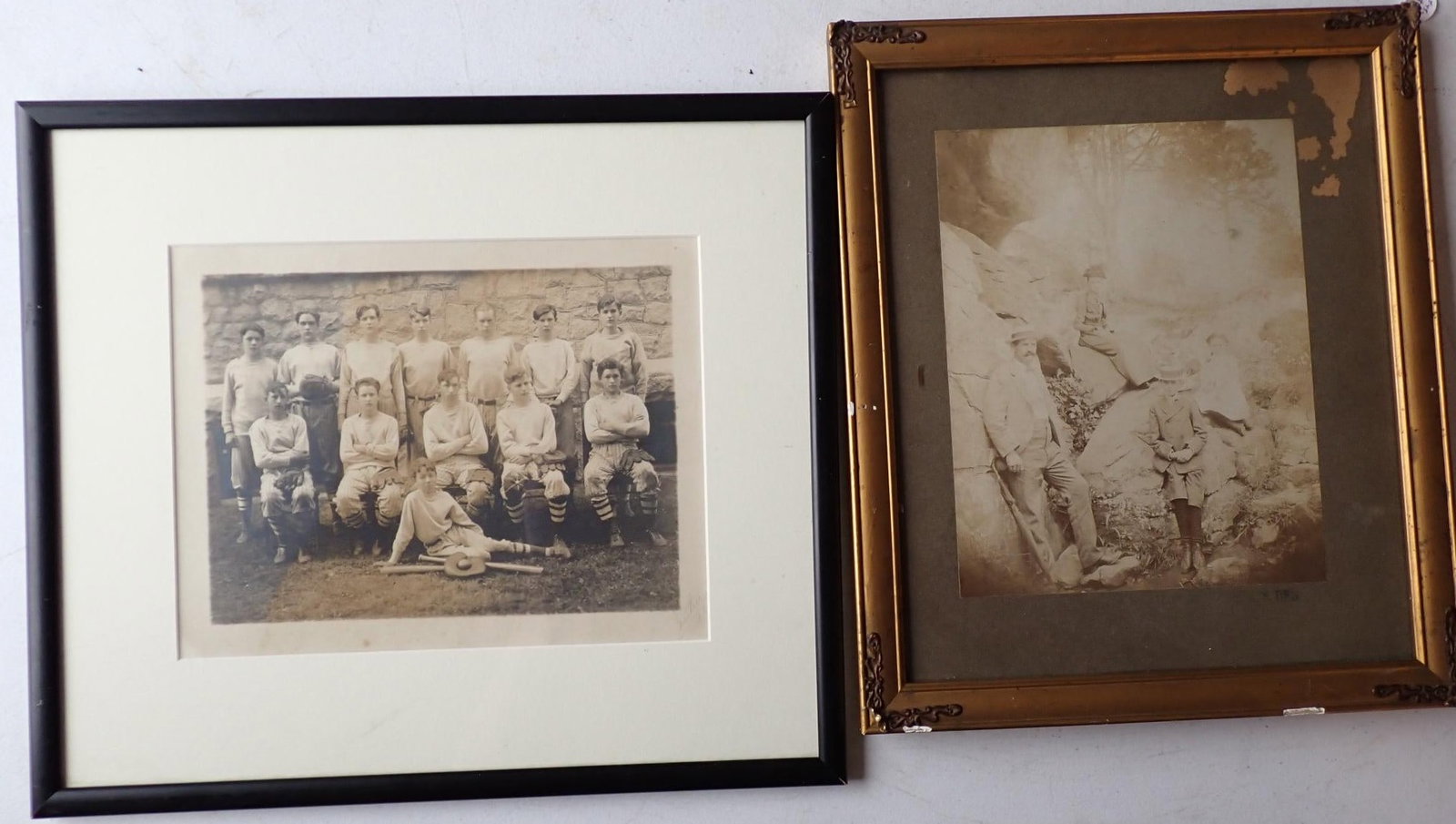 (2 pcs) Photo 1928 baseball team and Family at Devil's Den: Baseball players in uniform w/ old equipment Frame 13" x 15". Encil signed w/ photographer name and 28. Photo 8" x 10". Light staining good condition. Family father and son in straw hats, matte is