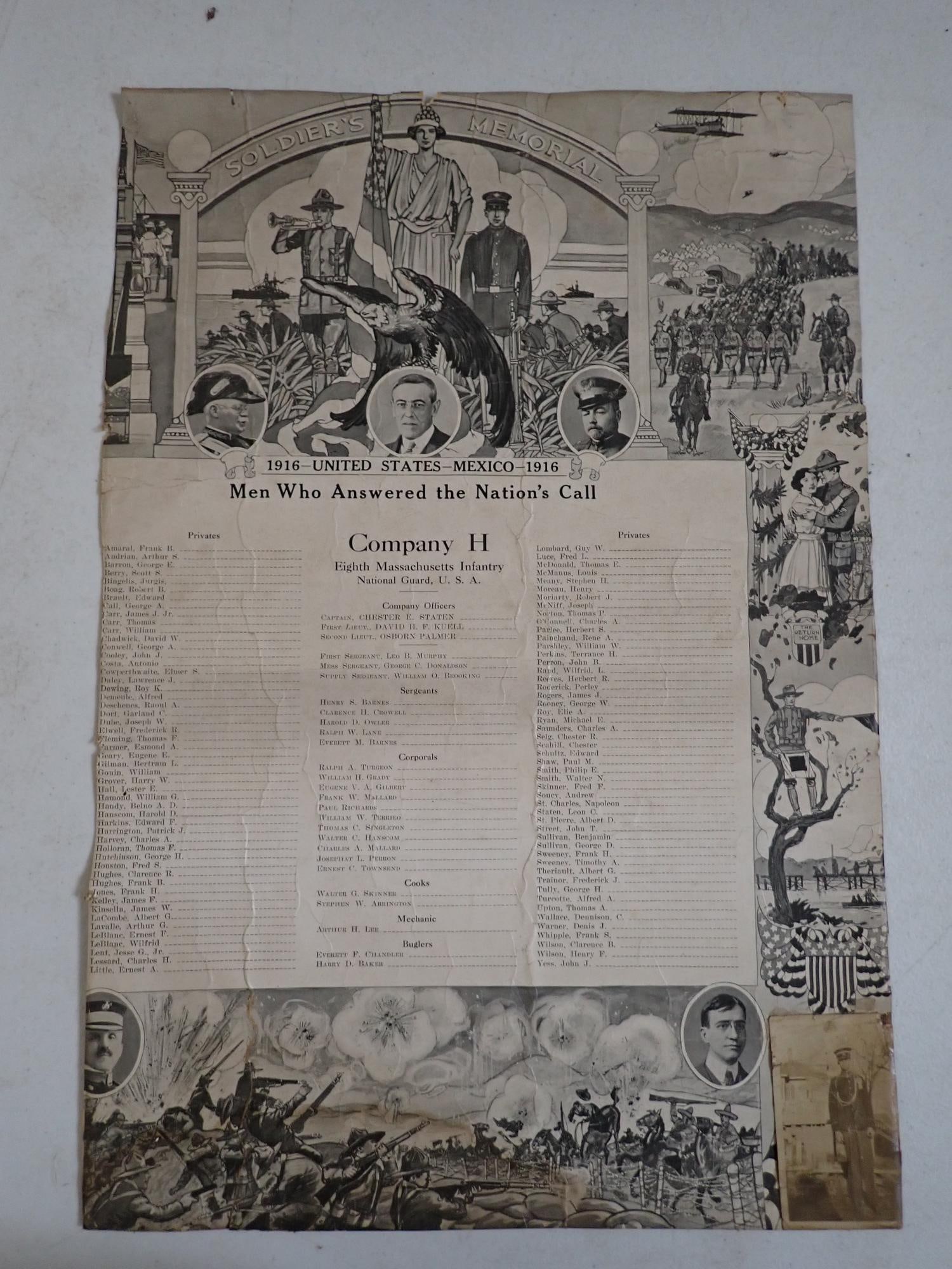 1916 Mexican War Mass Regiment Roll: "1916 - United States - Mexico - 1916 - Men who Answered the Nation's Call." "Company H Eith Massachusetts Infantry National Guard U.S.A." Also includes soldier photo on bottom right. 19" x 13."