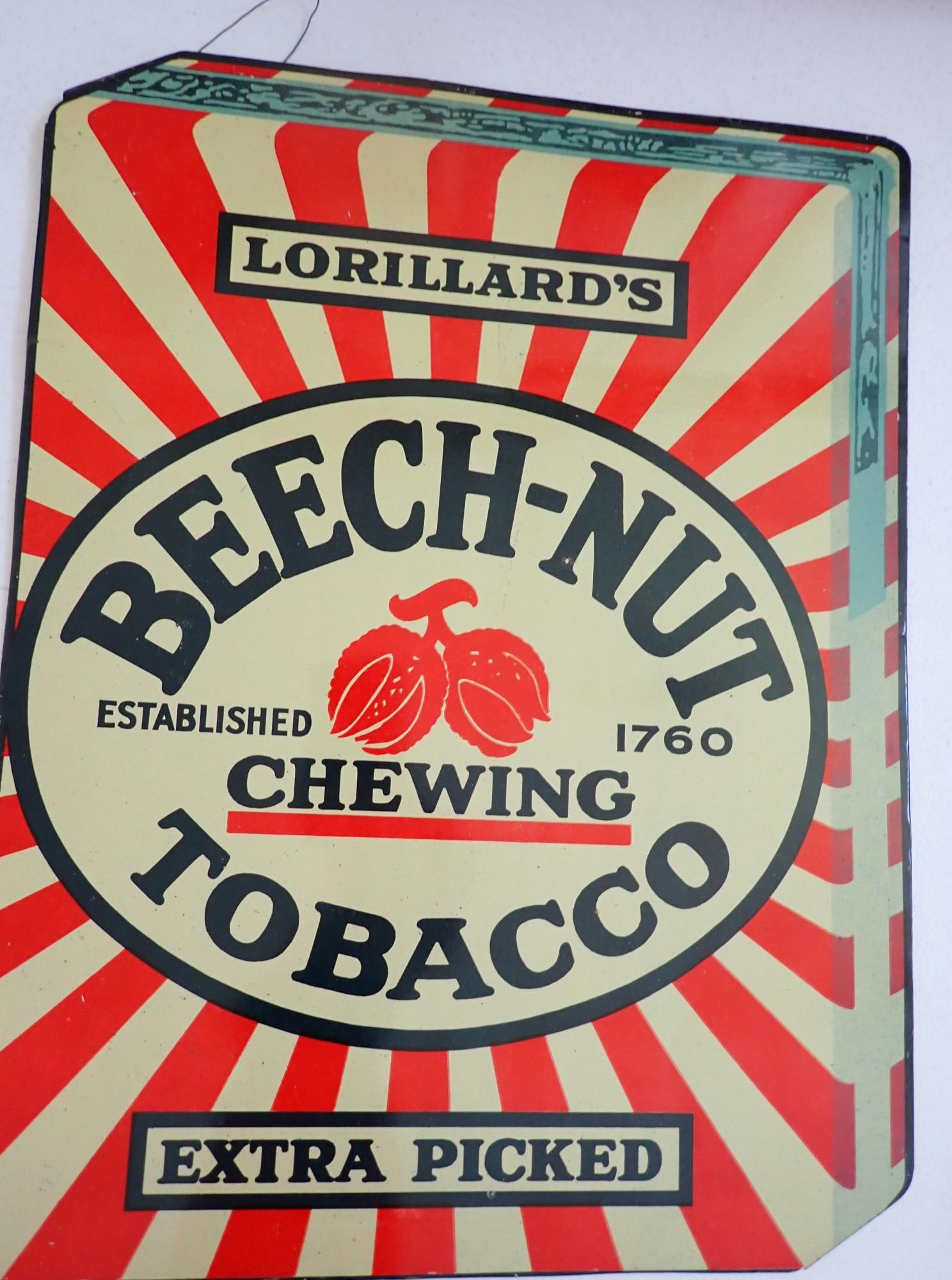 Beech-Nut Chewing Tobacco Tin Advertising Sign: Lorillard's Beech-Nut Chewing Tobacco Established 1760. Extra Picked" tin advertising sign. Good condition with light wear, 14 1/2" x 11