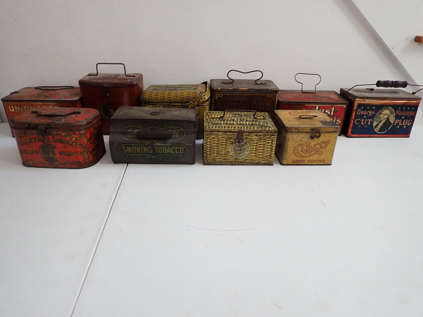 Just Suits, Sensation, and other Tobacco Tin Pails: 2 Sensation Tins, Just Suits, and others. All have handles.