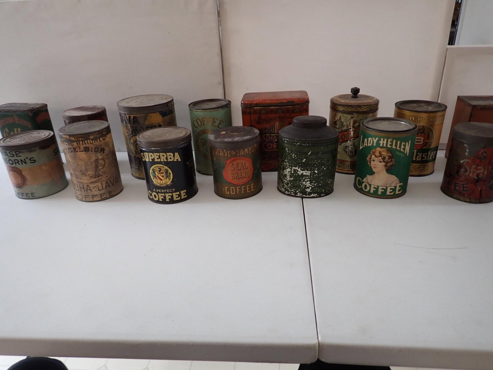 Lady Hellen Coffee, Boston Roasted, & other tins: Lady Hellen paper label tin. Steel Cut, Boston Blend, & others,