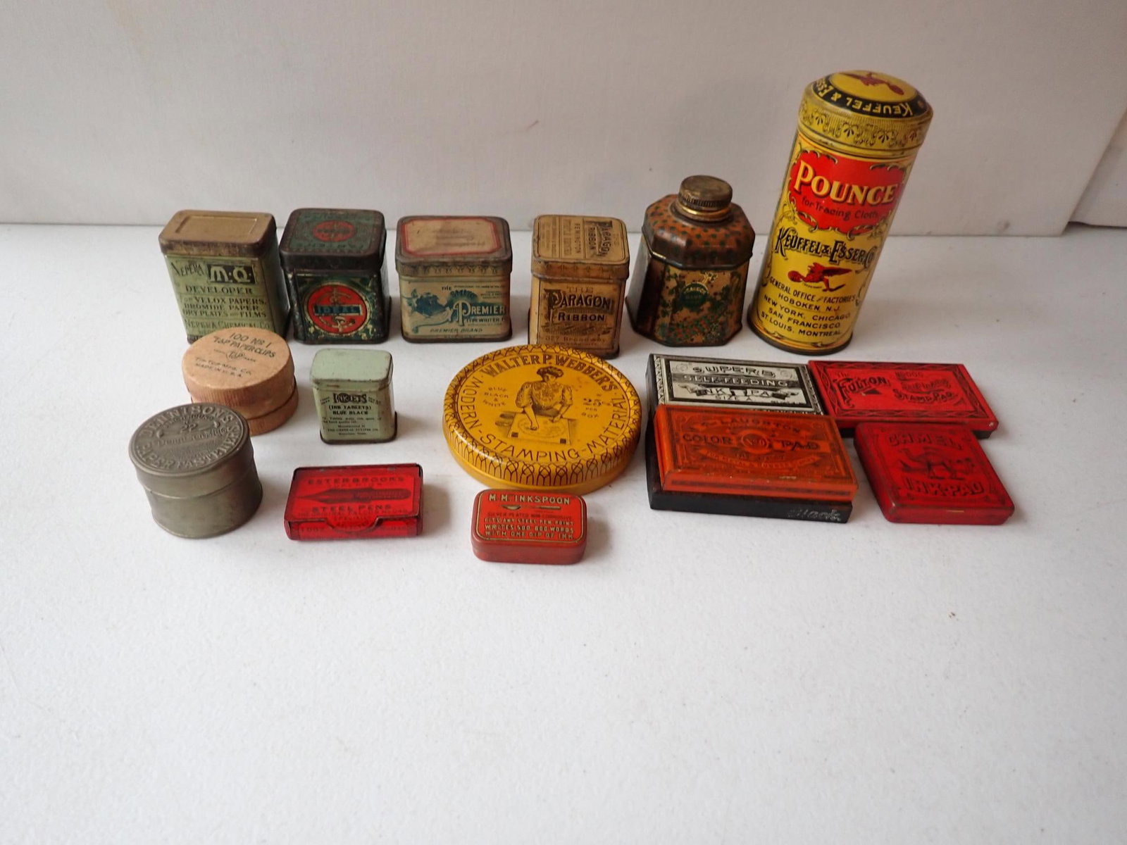 Fountain Pen Nibs, Ink Pads & other Office Tins: Largest Pounce Tracing Cloth 5". Inklets Ink Tablets - smallest 1 1/4"