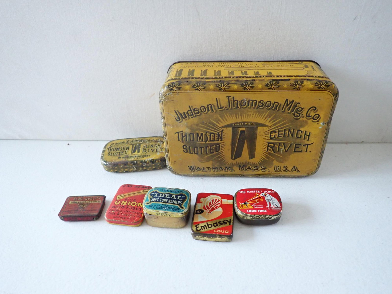 Phonograph Needles & Clinch Rivets Tins: Clinch Rivets largest 6" x 4" x 2/4" high. Smallest 1" x 1 3/8."