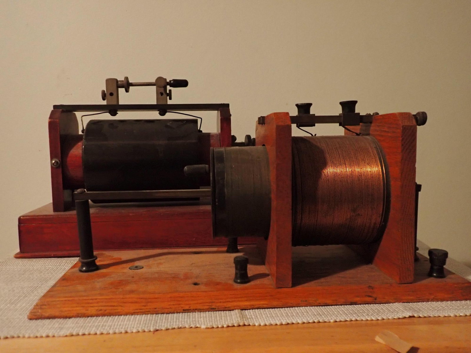 AMRAD Type C-1 Induction Coil and Electromagnet: The electromagnet has a copper coil and sits on a wooden base. Base is 13" x 5". The AMRAD coil was used for early radio transmission about 1910. Base is 12" x 4 1/2". Type C No. 278. Untested