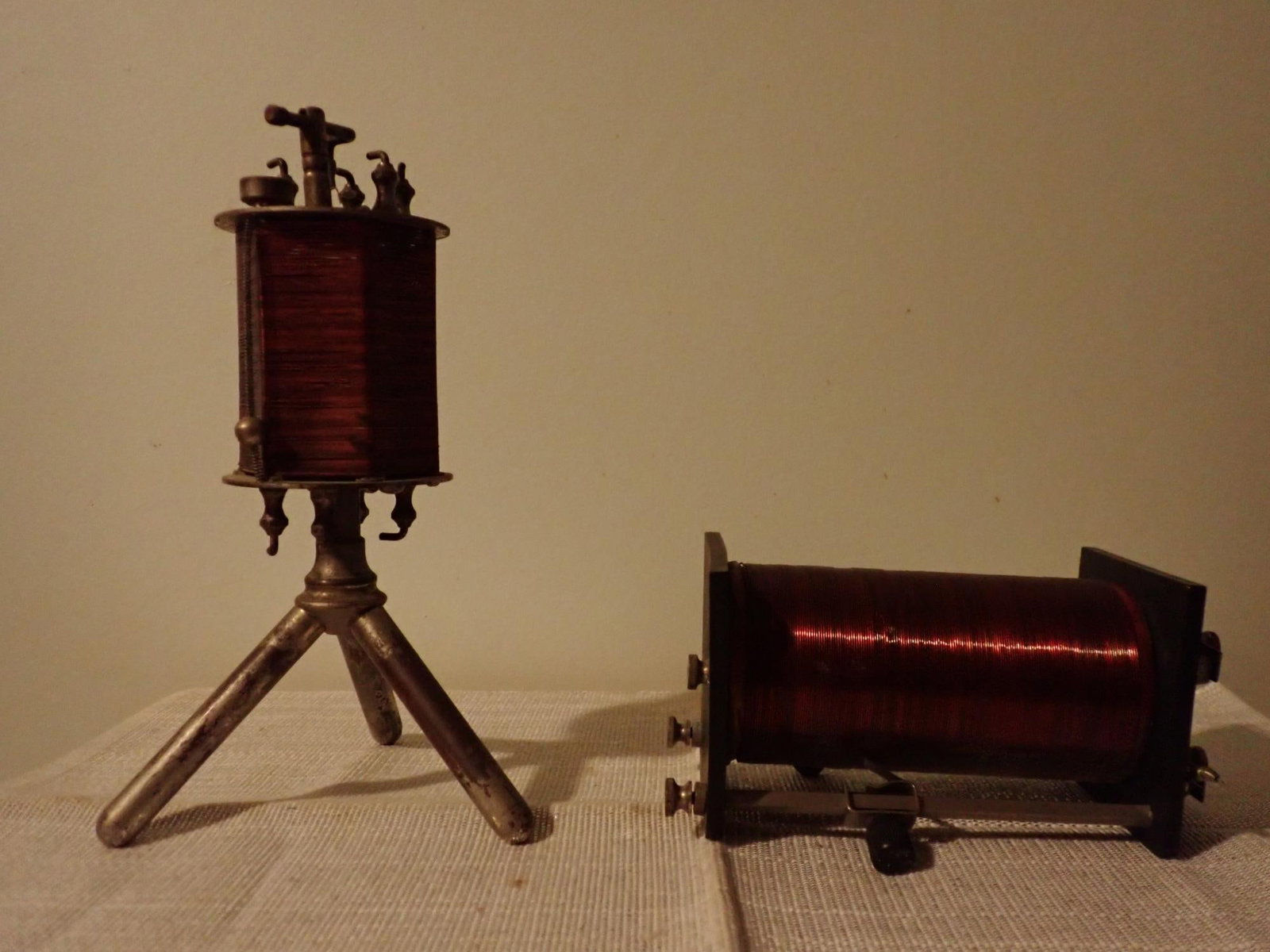Martian Big 4 Radio Receiver and Telegraph Key: Martian Big 4 Crystal Radio Receiver is from the early1920's designed by Martian Manufacturing; 9" tall. The second piece appears to be a vintage telegraph key with a large inductor coil attached to
