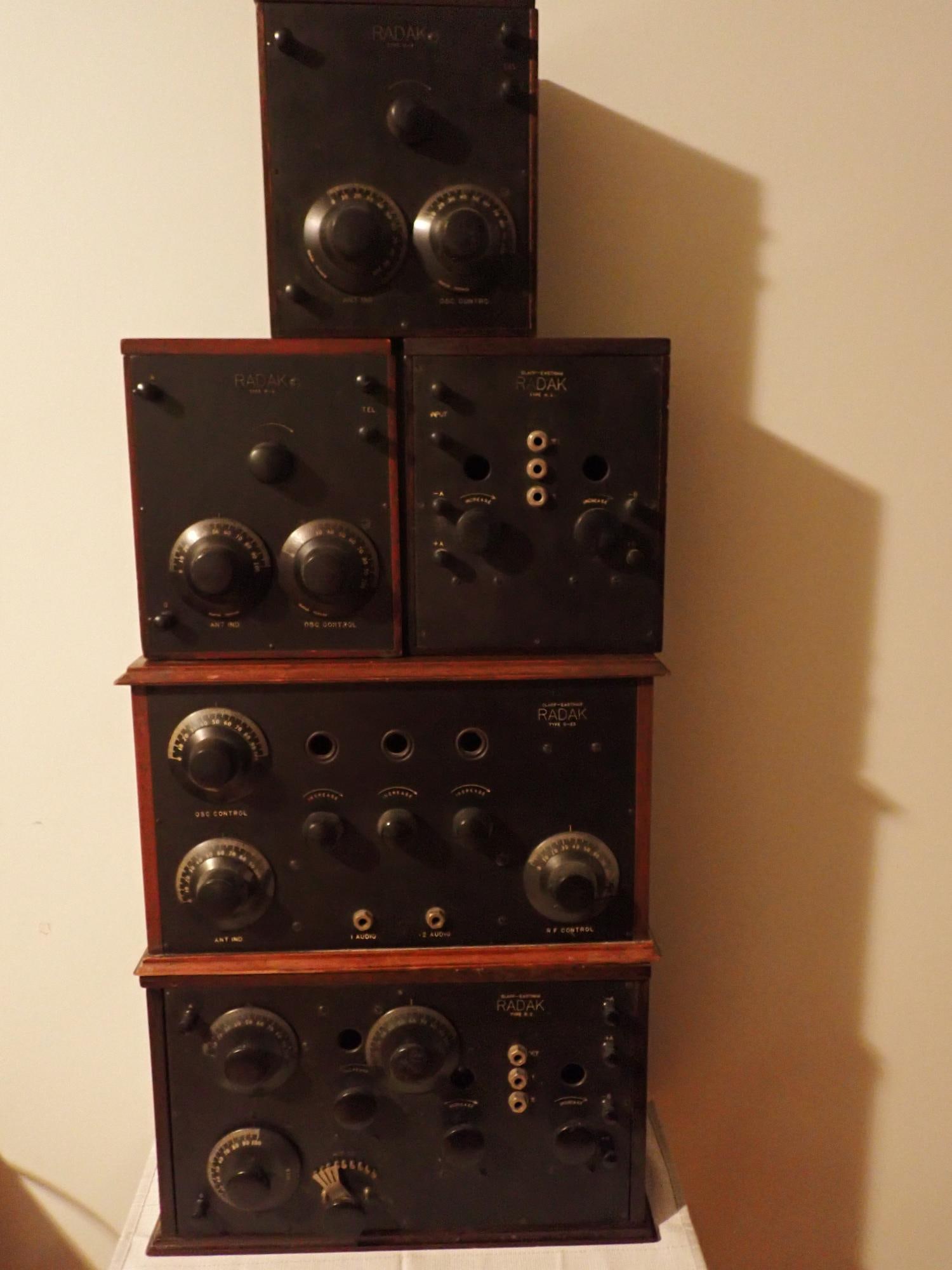 RADAK Radio Equipment 5 Pieces: Made by Clapp-Eastham, items as follows: RADAK Type R.Z. Broadcast Receiver, 15 1/2" x 9 1/2" (wooden case), C23 tabletop with lid and tubes, two RADAK Type R4 with tubes, and one Type HZ no tube 9