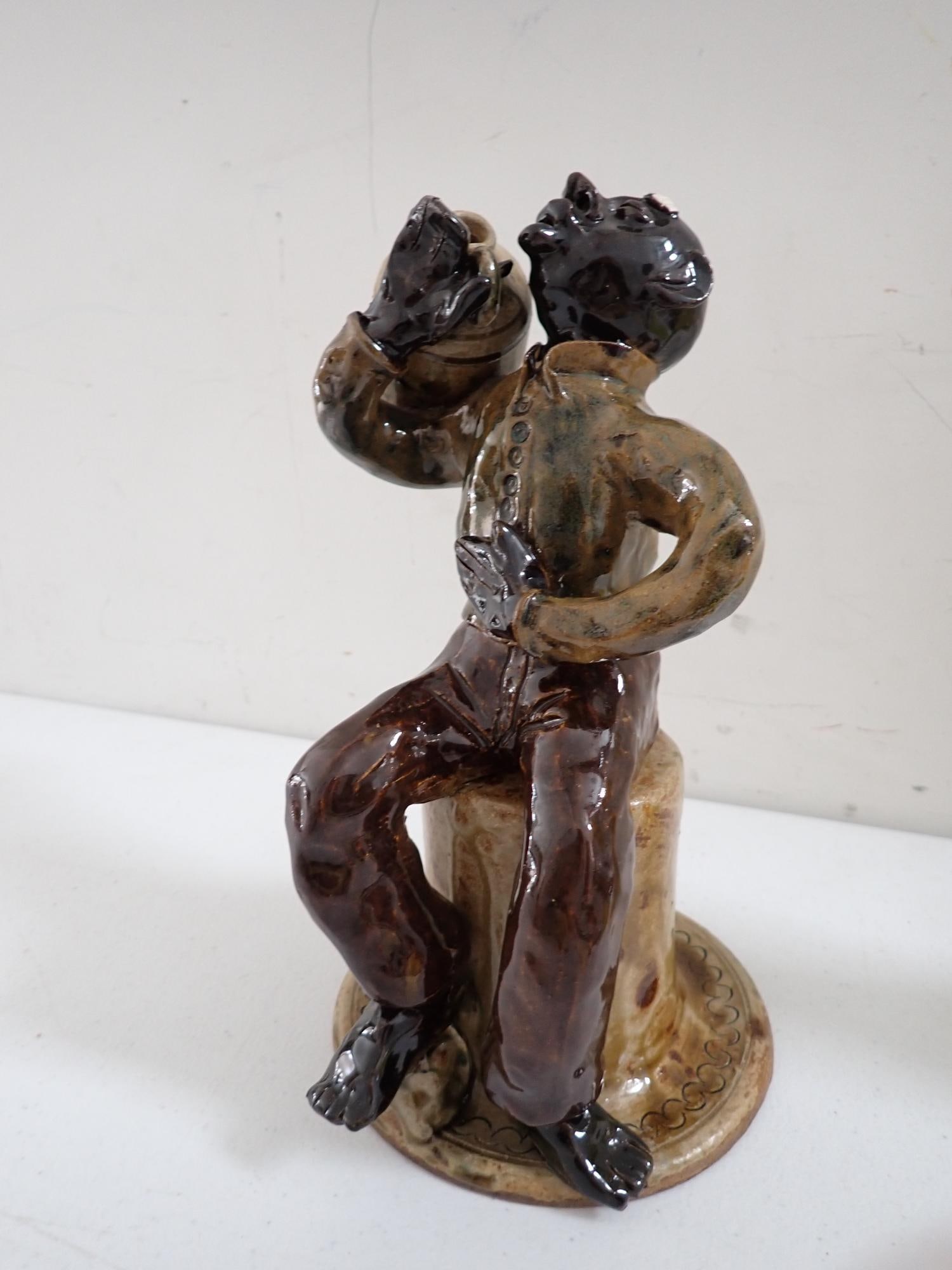 John Brock Folk Art Pottery "Moonshine # 1": John Brock - Virginia Folk Artist Man drinking jug of moonshine. 10"