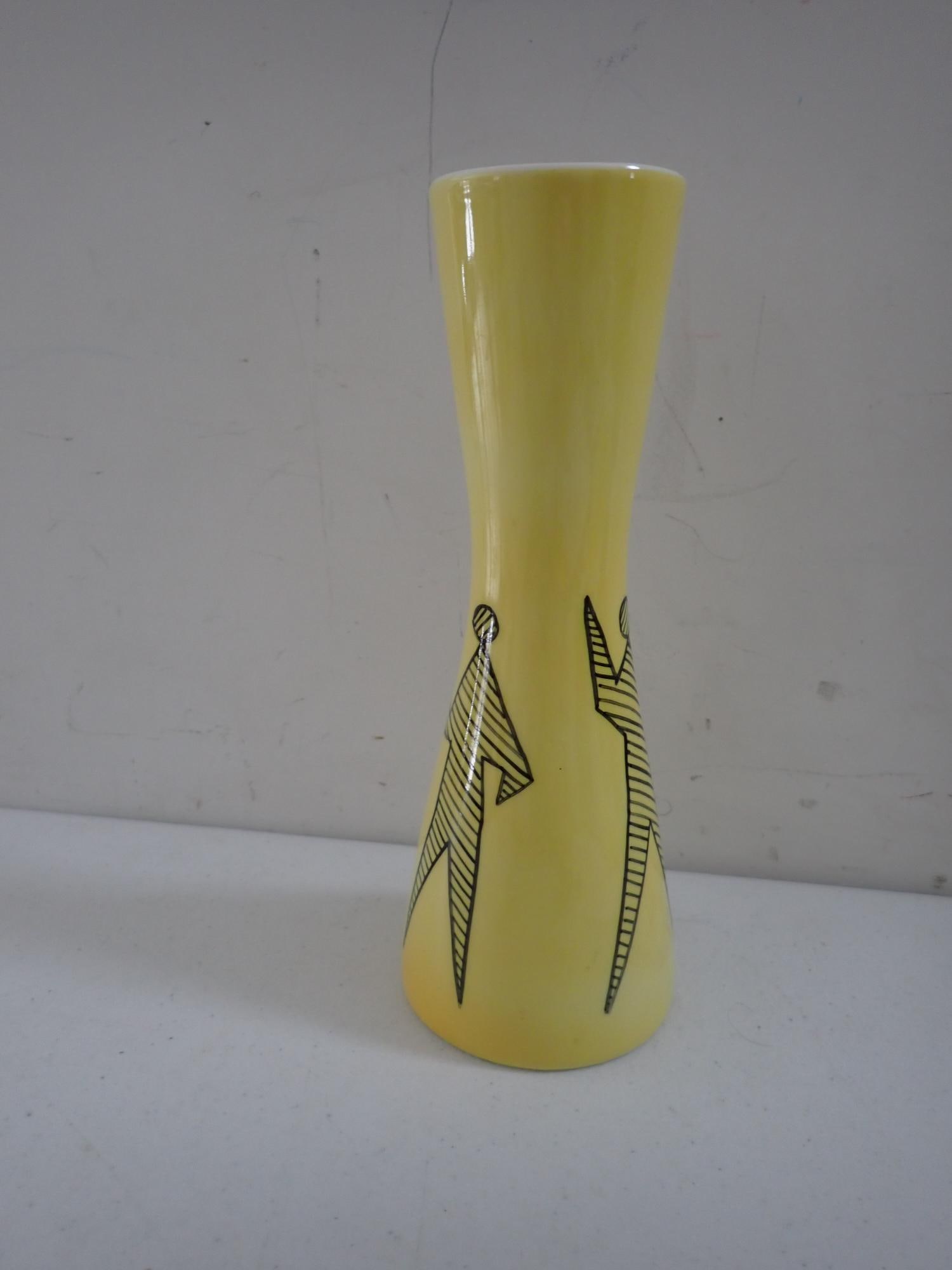 Modern Design Szakmary ARS Bohemia Glass Vase: Art glass vase with mid-century figures 10".
