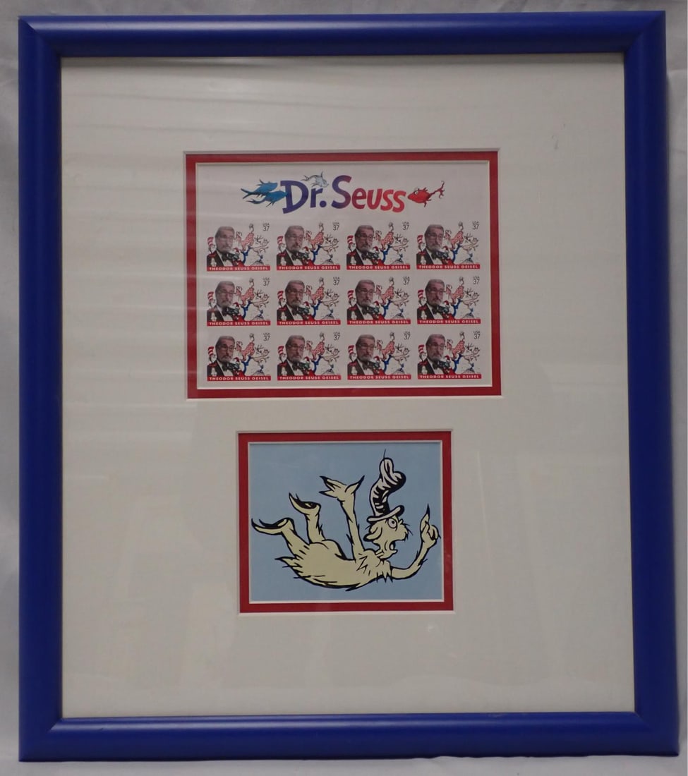 Dr. Seuss Commemorative Stamp Sheet: Issued March 2, 2004 stamps and print frame 16 1/2 x 14 1/2 stamps 5" x 6 1/2", small print Sam I Am. 3 1/2" X 4 1/2" Unsigned