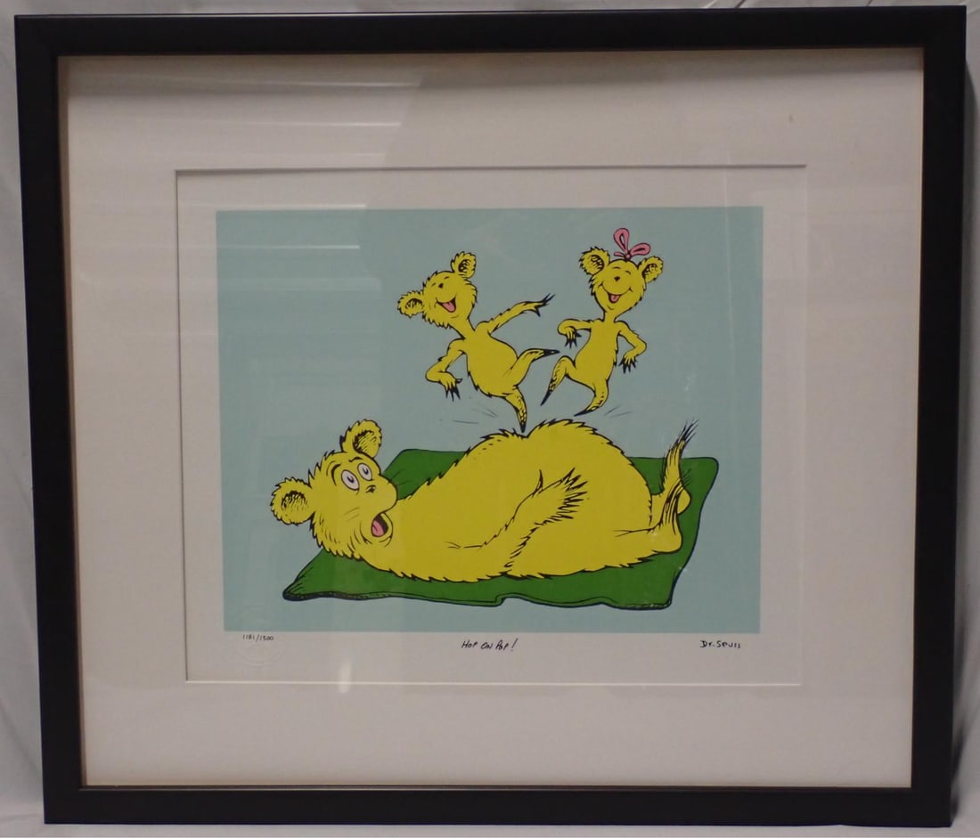 Hop On Pop Dr. Seuss print: Ltd. Edition Print Frame 21" x 23 1/2" print 13" x 16" matte and print have pulled away from frame signed no 1181/1500. certificate of authentication