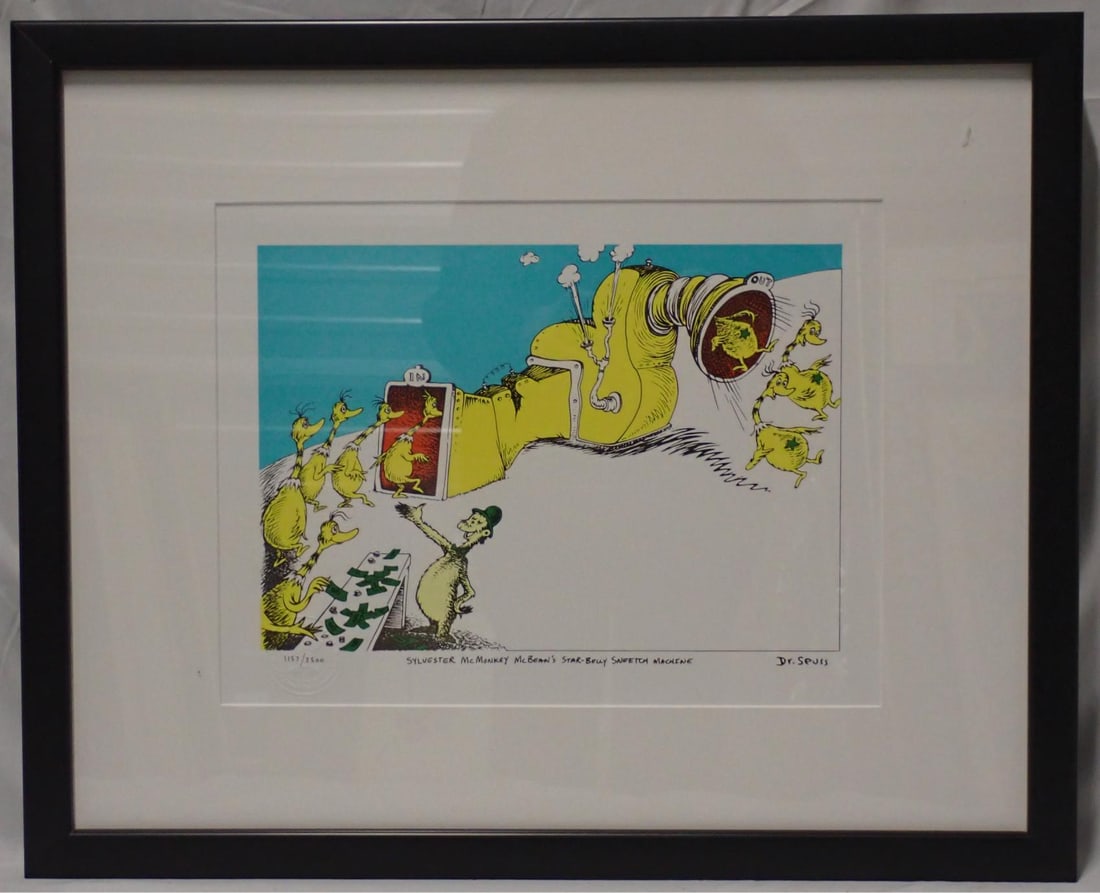 Sylvester McMonkey McBean's Star-Belly Sneetch Machine: Dr. Seuss Ltd. Edition Print Frame 17 1/2" x 21 1/2" print 9" x 13 1/2" signed No 1157/2500. Certificate of authentication