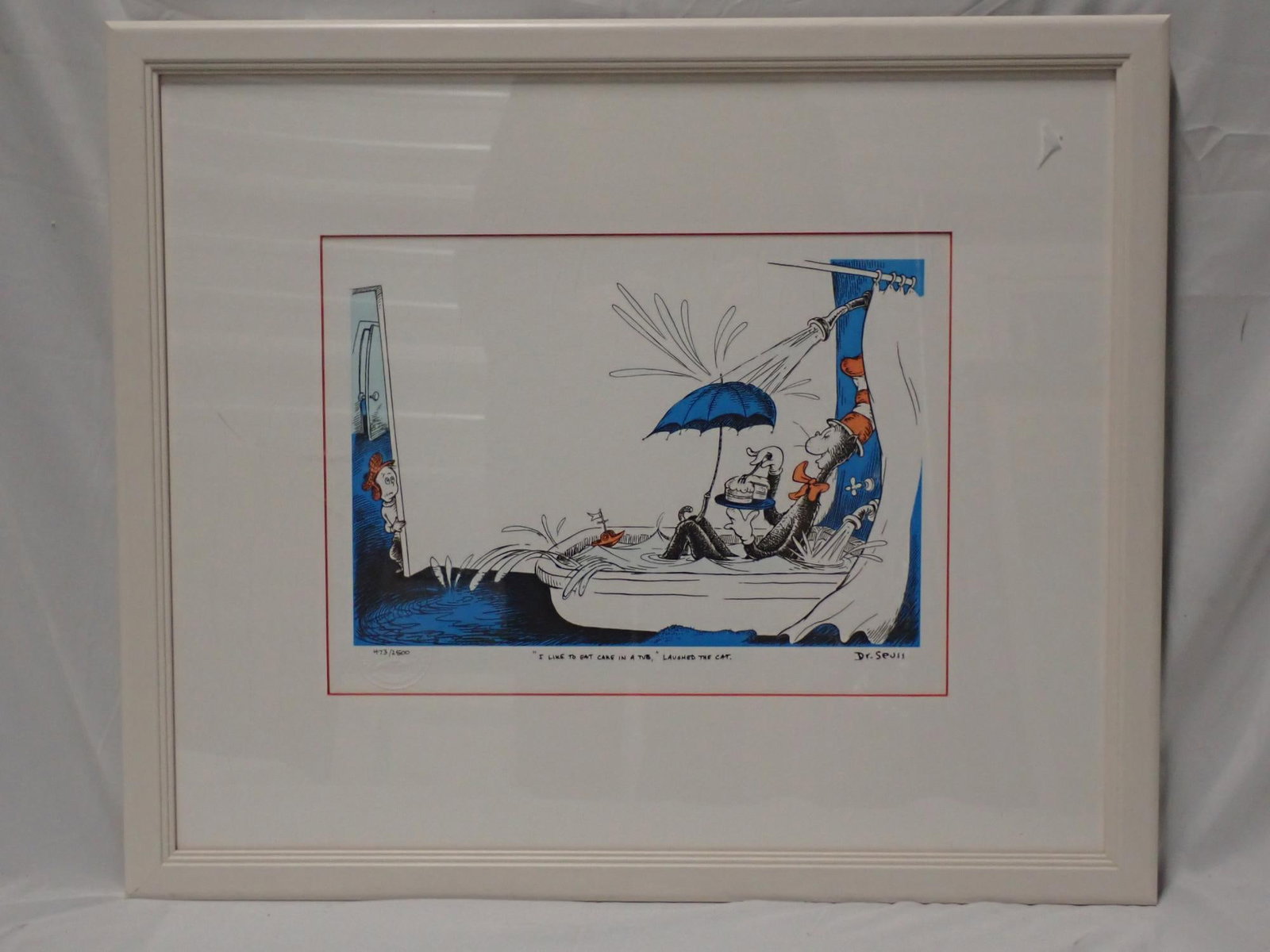 I Like to Eat Cake in the Tub...: Dr. Seuss Ltd. Edition print I Like to Eat Cake in the Tub, Laughed the Cat Frame 18 1/4" x 21 3/4" print 9 1/2" x 13" signed, no 473/2500 certificate of Authenticity
