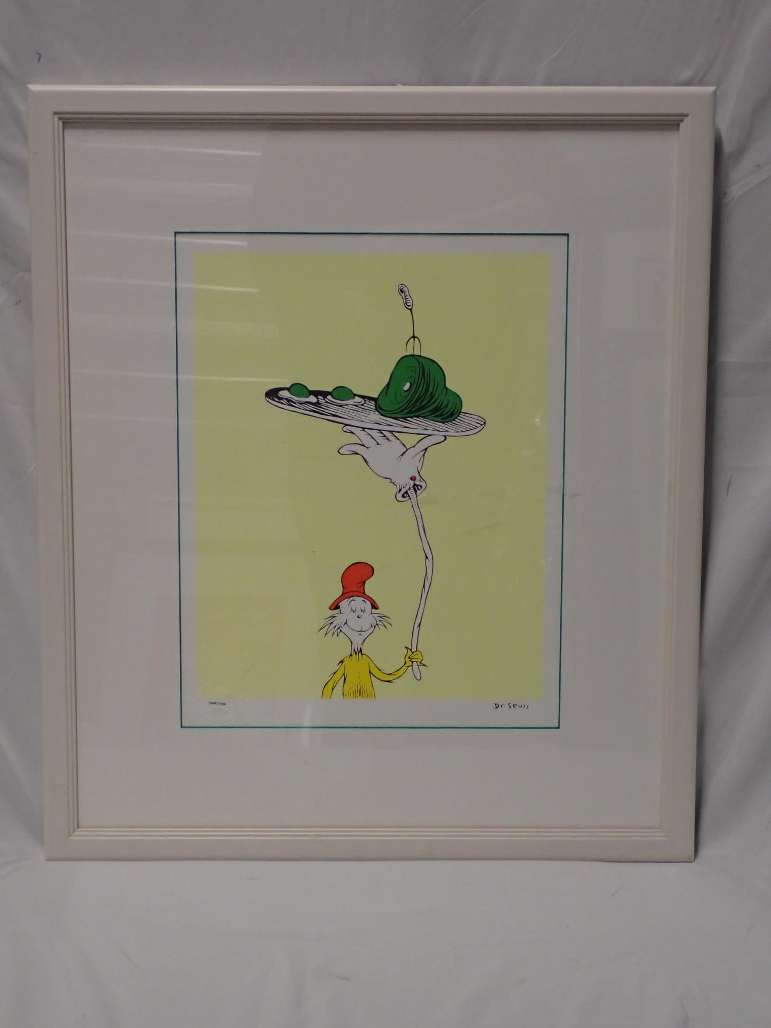 Green Eggs and Ham Dr. Seuss print: Ltd. Edition Dr. Seuss print Green Eggs and Ham Inside Cover Frame 24" x 20 3/4" print 15 1/2" x 12." Signed No 2349/2500 certificate of authenticity mar on glass