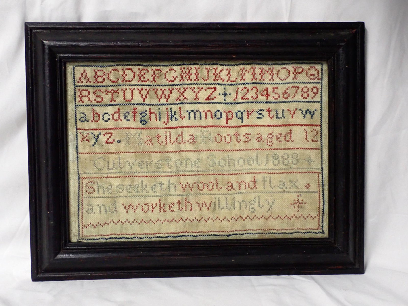 1888 Matilda Roots Sampler: Matilda Roots aged 12 Culverstone School 1888.sample depicting the alphabet and short verse Frame 11 1/2" x 15" Sampler 8" x 11 1/2"