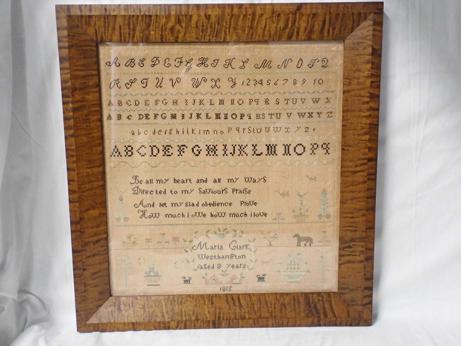 1815 Maria Clark Sampler: Sampler Alphabet Numbers Religious verse some small holes Westhampton Aged 8 years date 1815 16" x 14" frame 20" x 18 1/2" good condition