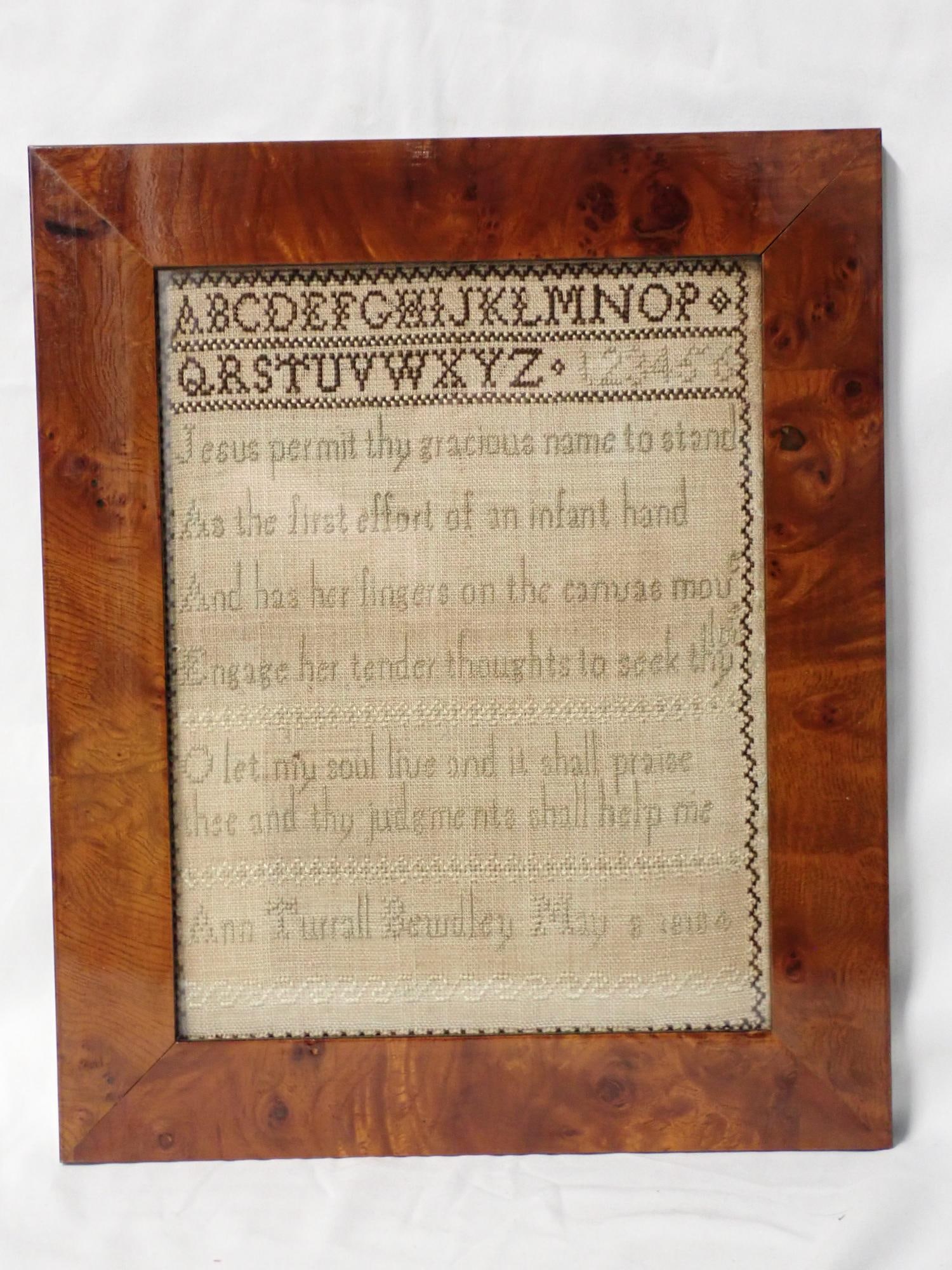 1810 Ann Turrall Bewdley: Ann Turrall Bewdley May 8, 1810 3rd and fourth line of verse didn't fit on the line no rips or tears, slight discoloration. Frame 13 1/2" x 10" sampler 10" x 7 3/4" sampler depicting alphabet, some