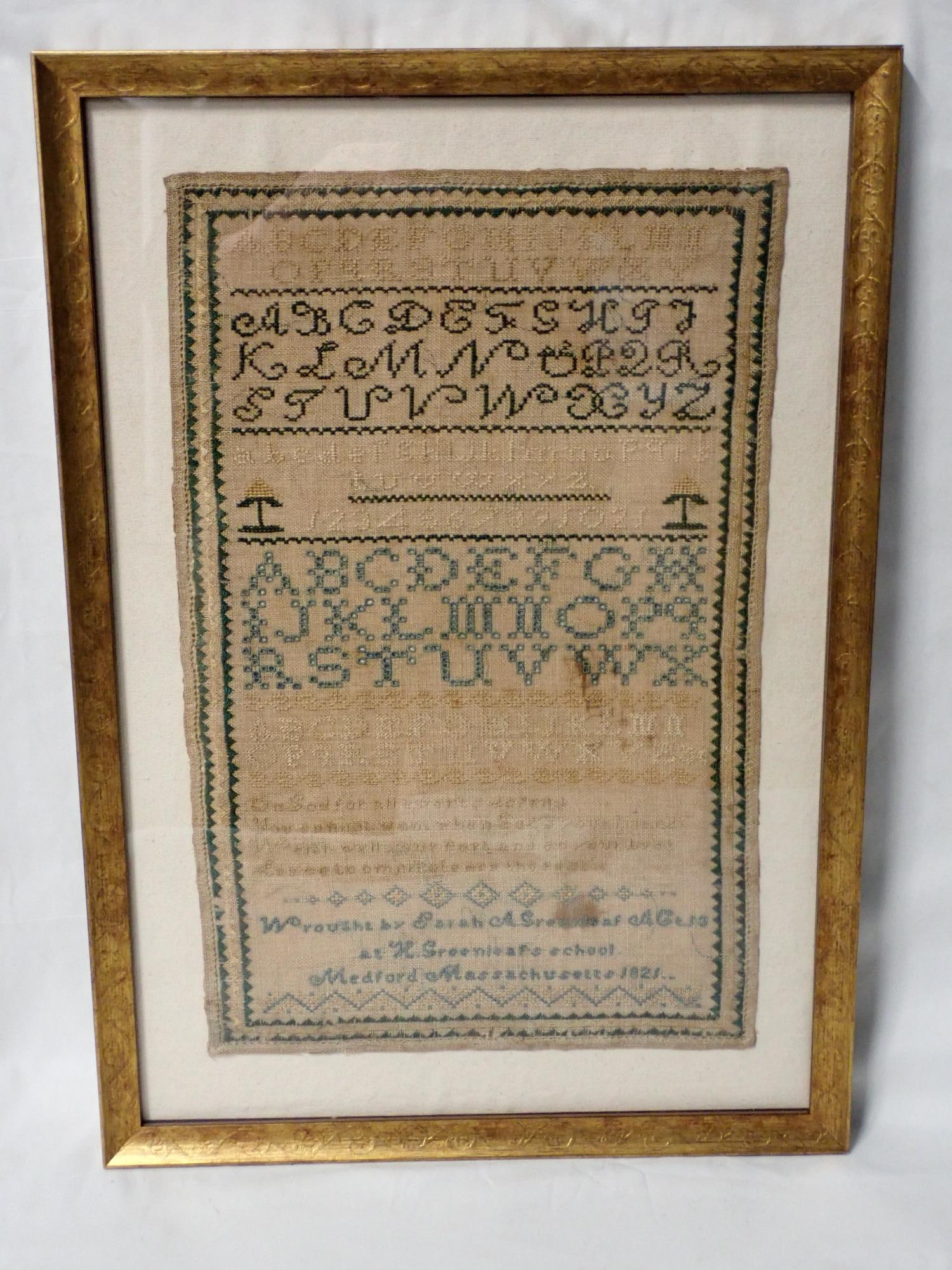 1821 Sarah A, Greenleaf sampler: Wrought by Sara A. Greenleaf Age 13 at W. Greenleafs school, Medford, Massachusetts 1821 Alphabet and religious verse some discoloration and fading. frame 20" x 14" sampler 10 1/4" x 16"