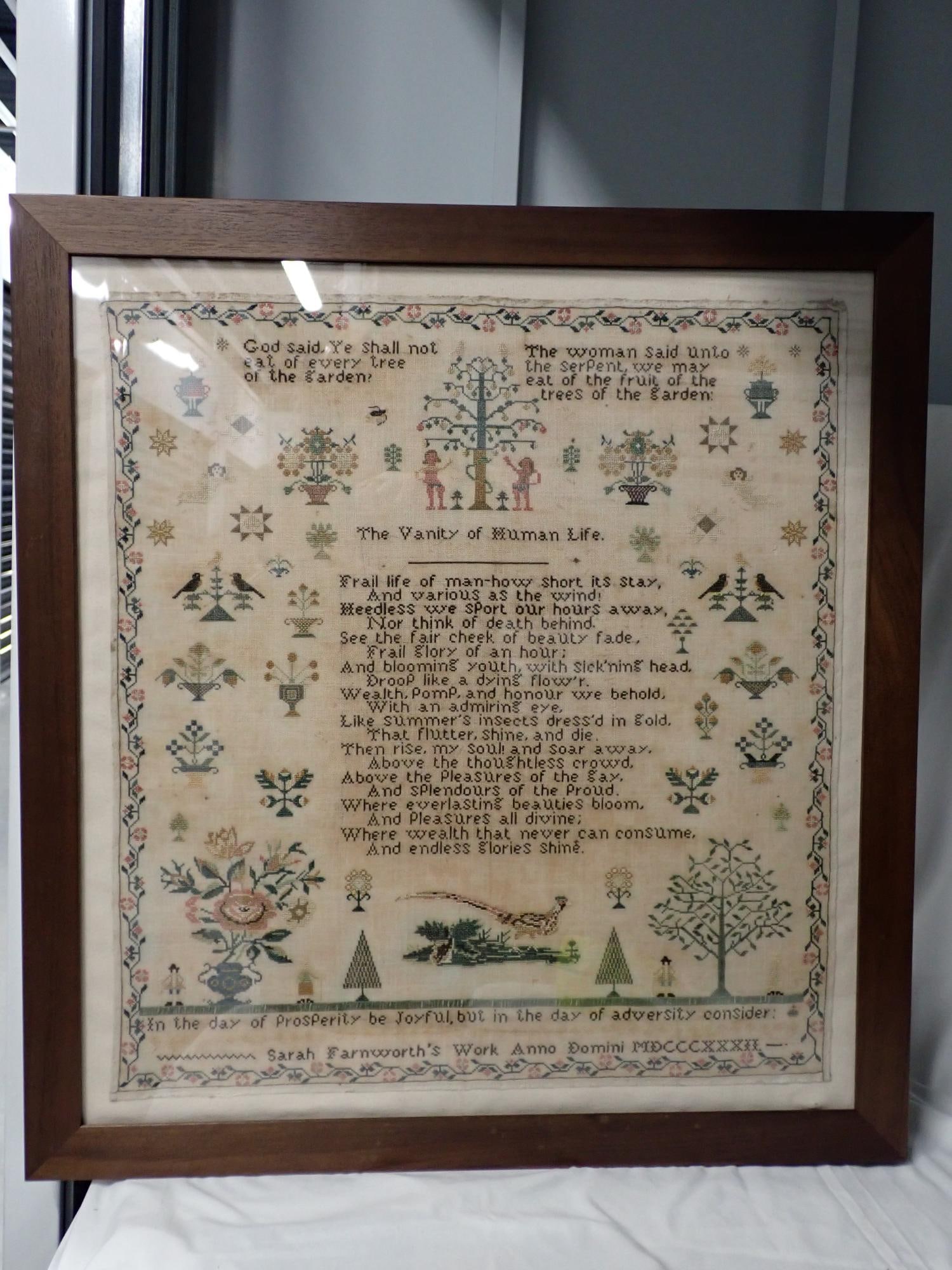 1832 Sarah Farnworth sampler: Sarah Farnworth's Work Anno Domini MDCCCXXXII depicting Adam and Eve and the Garden of Eden. Religious verse, flowers, birds. VG condition Frame: 28 1/4" x 26 1/4" Sampler 23" x 21 1/4"