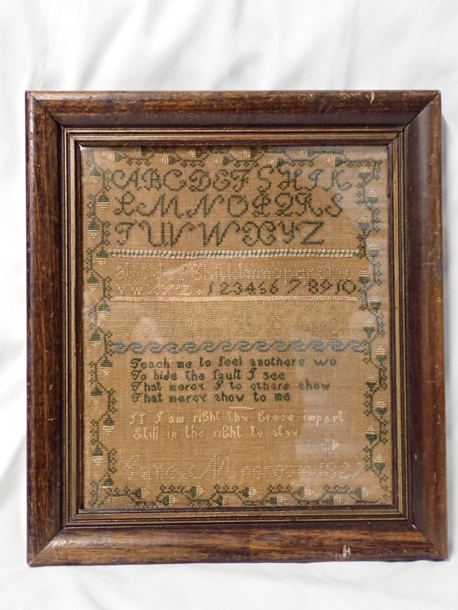1827 Jane Moore Sampler: Jane Moore depicting alphabet and numbers and verse i frame 10 1/2" x 12" sampler 9 1/2" x 8"