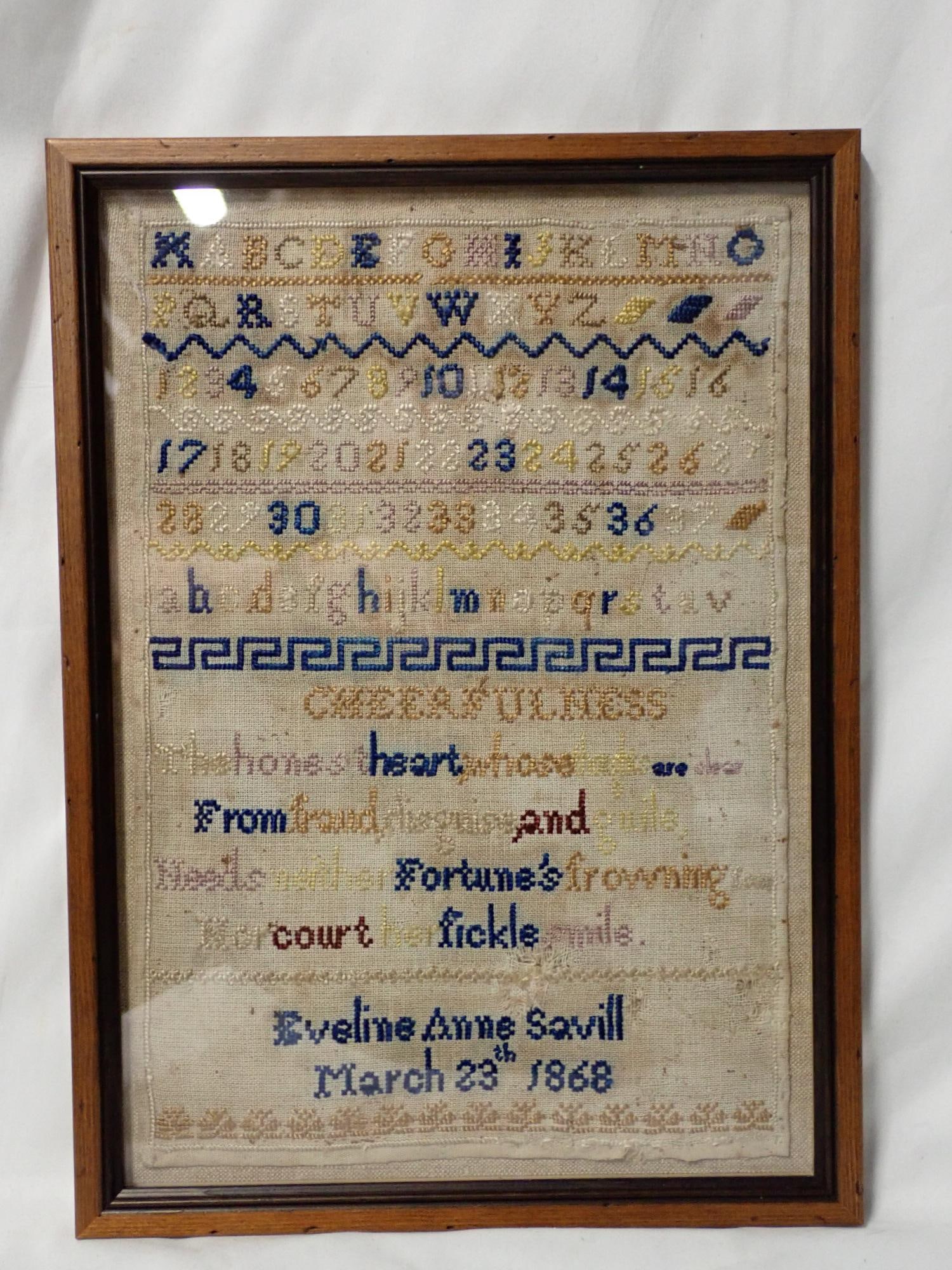 1868 Eveline Anne Savill Sampler: Eveline Anne Savill March 23th 1868, bright colorful alphabet and numbers Frame 13" x 9 1/2" Sampler 11 3/4" x 8 1/4"