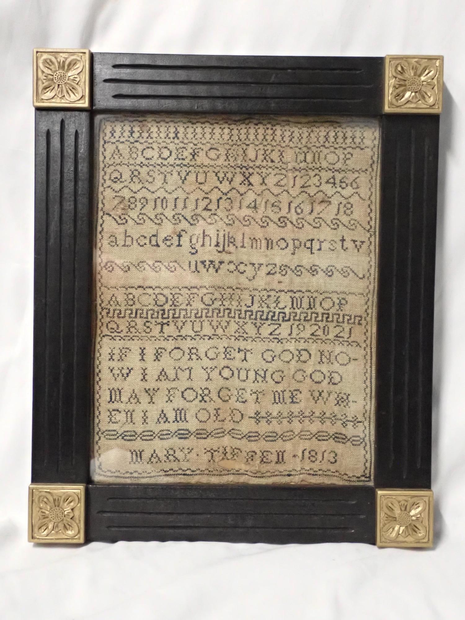 1813 Mary Tiffell (?) Sampler: Mary Tiffell (?) depicting alphabet and numbers verse If I forget God Now I am young God may forget me when I am old Frame 12 1/2" x 10 1/2" Sampler 9 1/2" x 7 1/2"