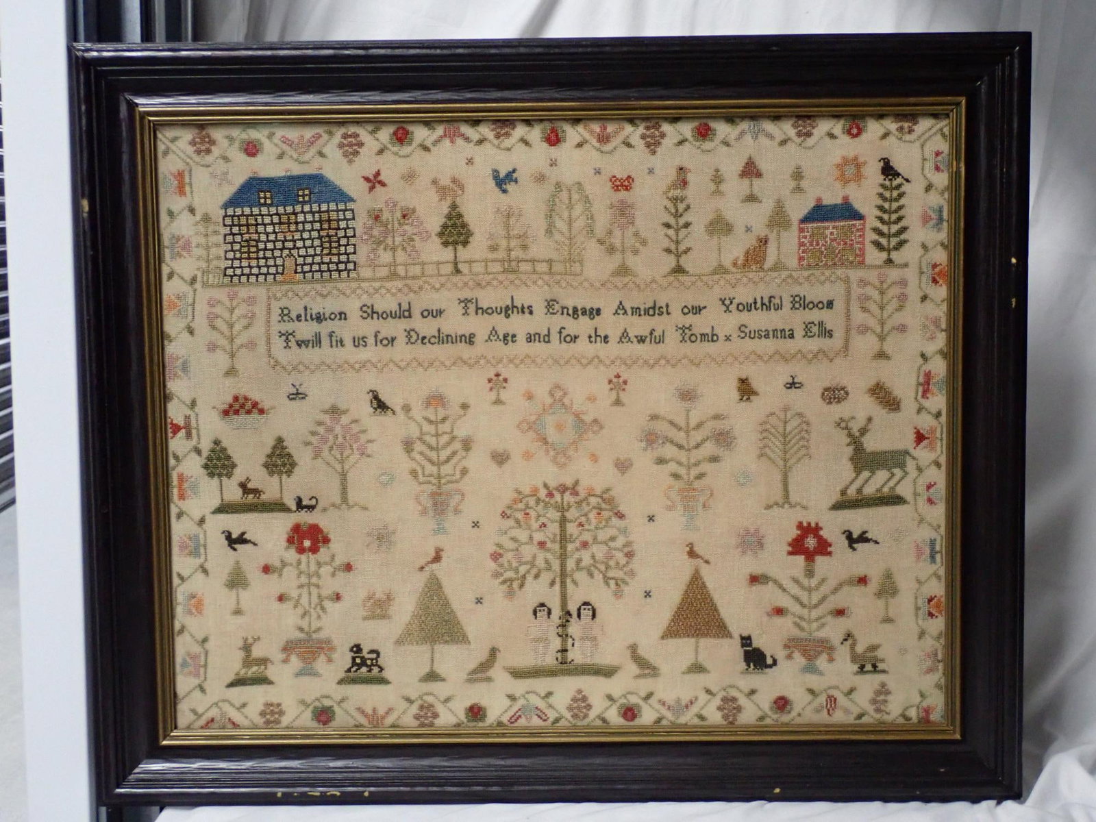 1836 Mary Wasden Sampler: Mary Wasden Harworth School 1836 Her Work Depicting alphabet numbers religious verse in center, birds, flowers building Frame 16" x 16" sampler 13 1/2" x 13 1/2"