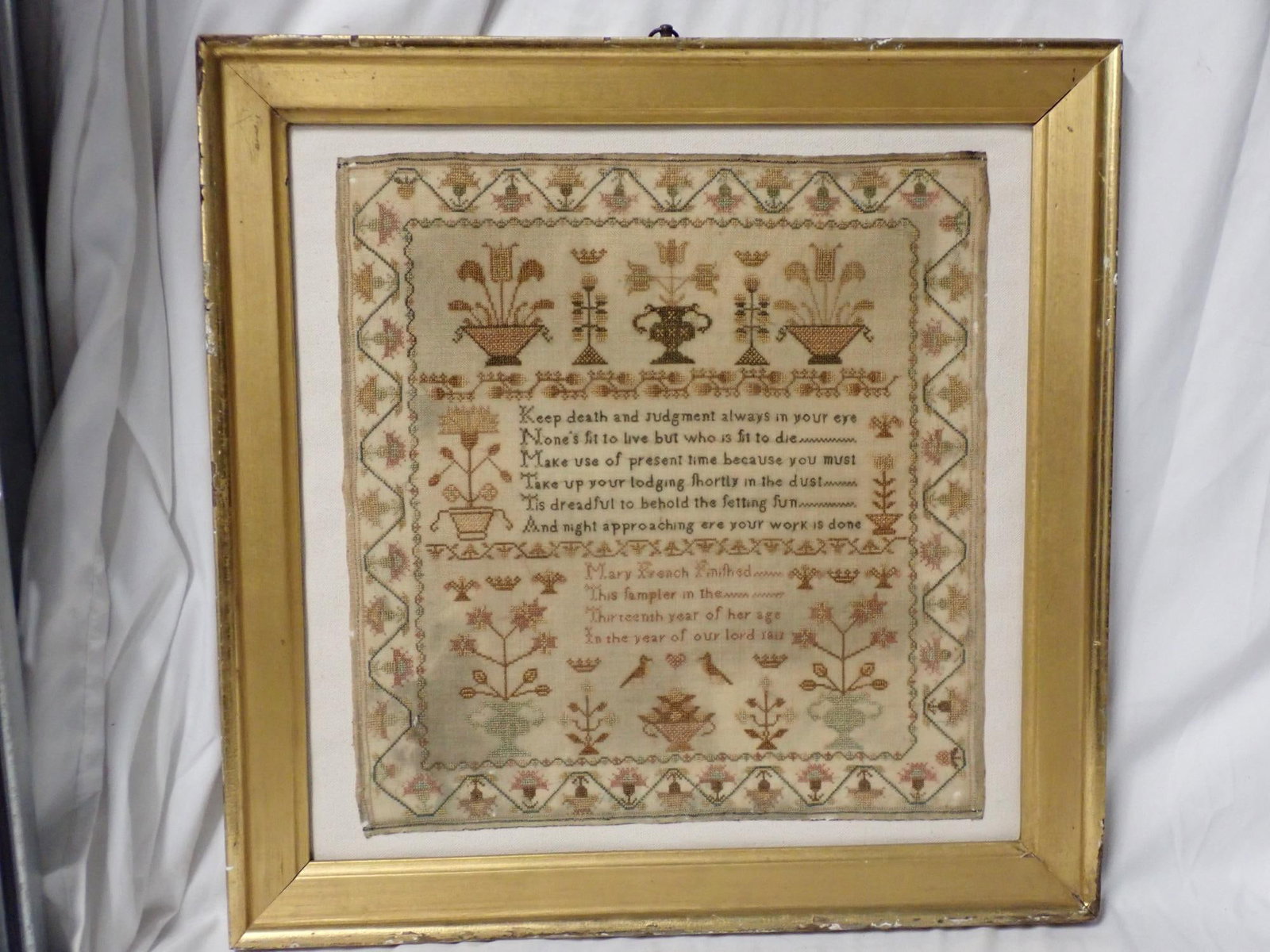 1811 Mary French Sampler: Mary French Finished This sampler in the Thirteenth year of her age In the year of our lord 1811. verse about death floral design Frame 17" x 17" sampler 12 1/2" x 13" has some family ancestry